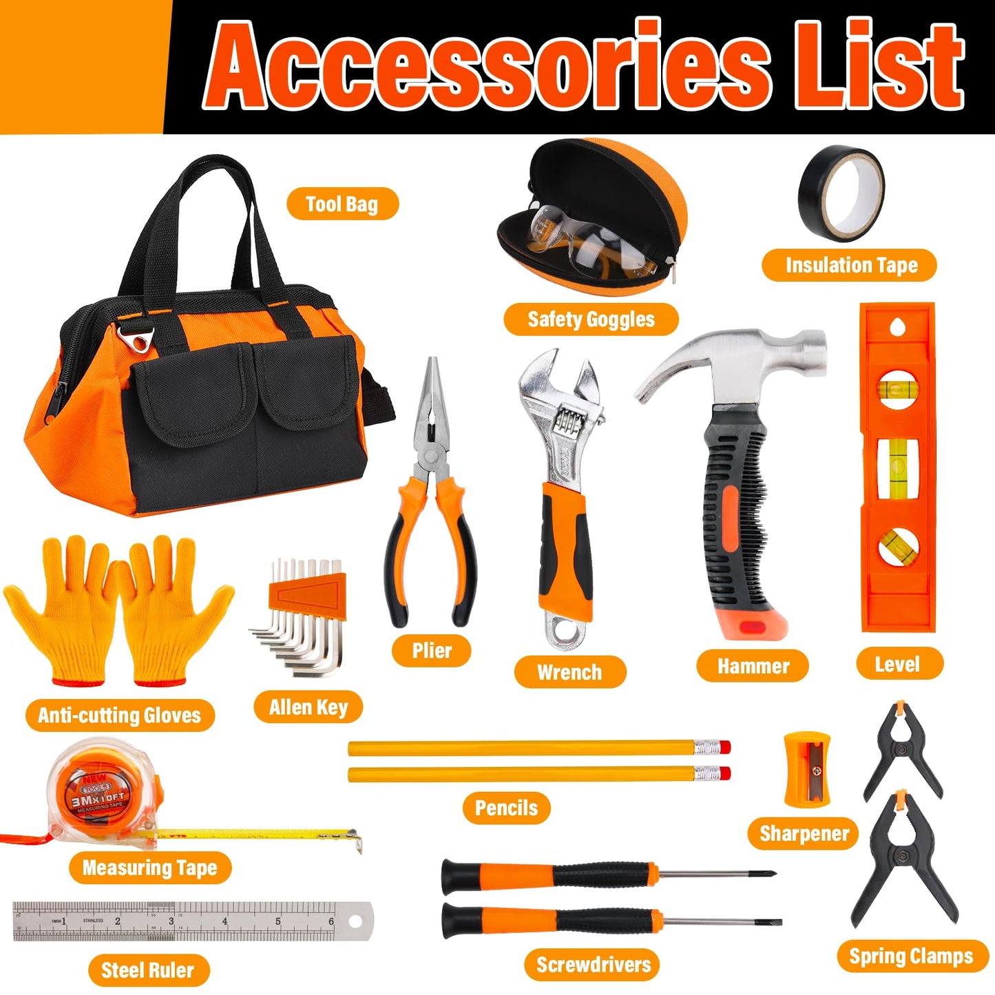 Basytodio 27-Piece Orange Kids Tool Set with Storage Bag – Real Hand Tools for 6+