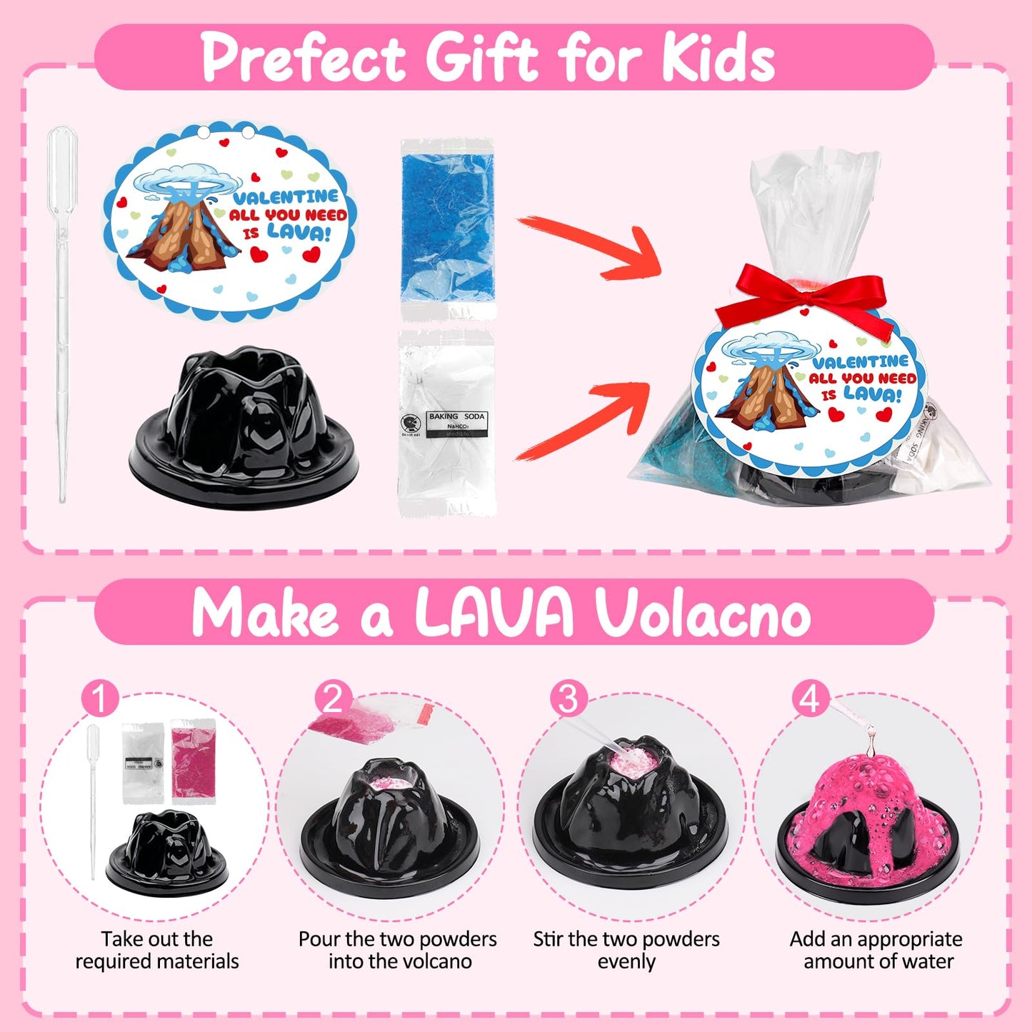 Basytodio 24-Pack Erupting Volcano Science Kit – Fun STEM Valentines Day Gifts for Kids