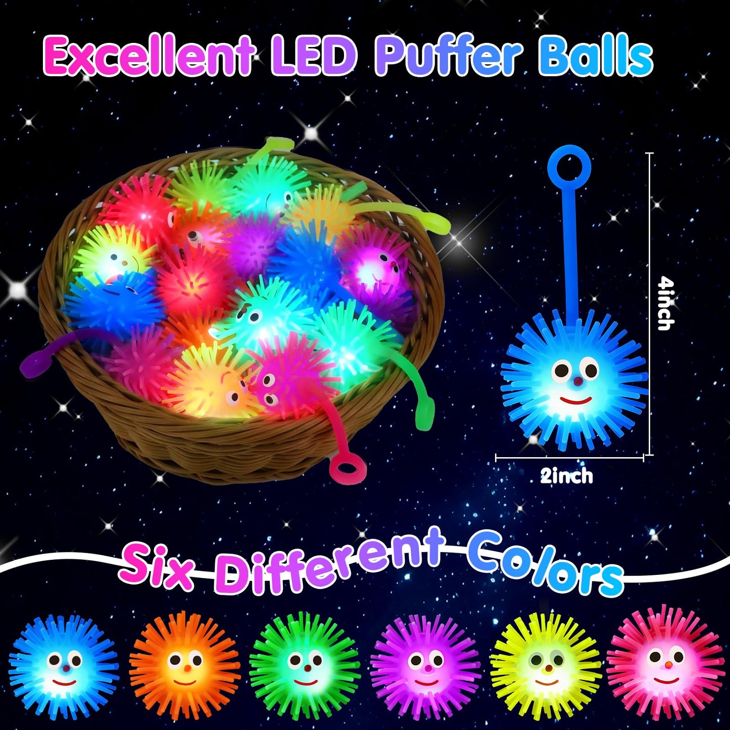 Basytodio 24 PCS LED Puffer Balls – Light Up Party Favors, Glow-in-the-Dark Bouncy Toys, Classroom Prizes