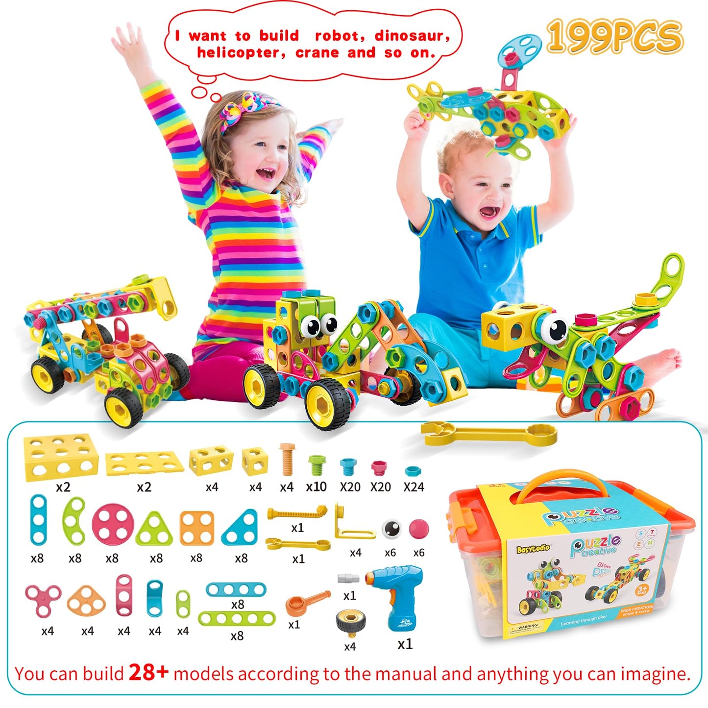 Basytodio 199Pcs STEM Building Blocks Set – 28 Models with Electric Drill for Kids 3-8