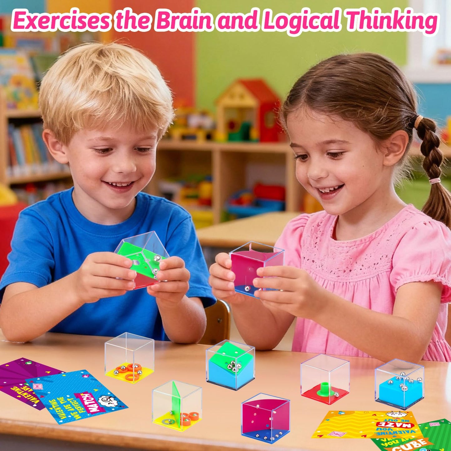 Basytodio 24 Pack Valentine Gifts for Kids Classroom – Mini 3D Puzzle Cubes, Exchange Cards & Fidget Toys Bulk
