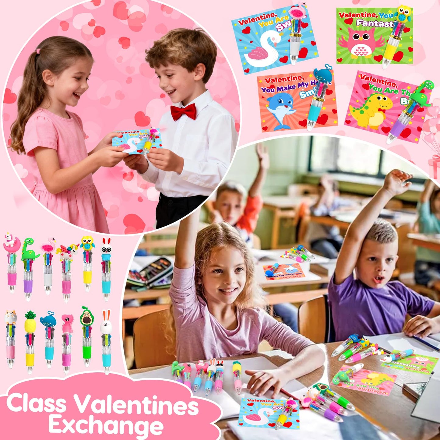Basytodio Valentines Day Gifts for Kids – 24 Pack Multicolor Pens & 24 Cards for Classroom Exchange