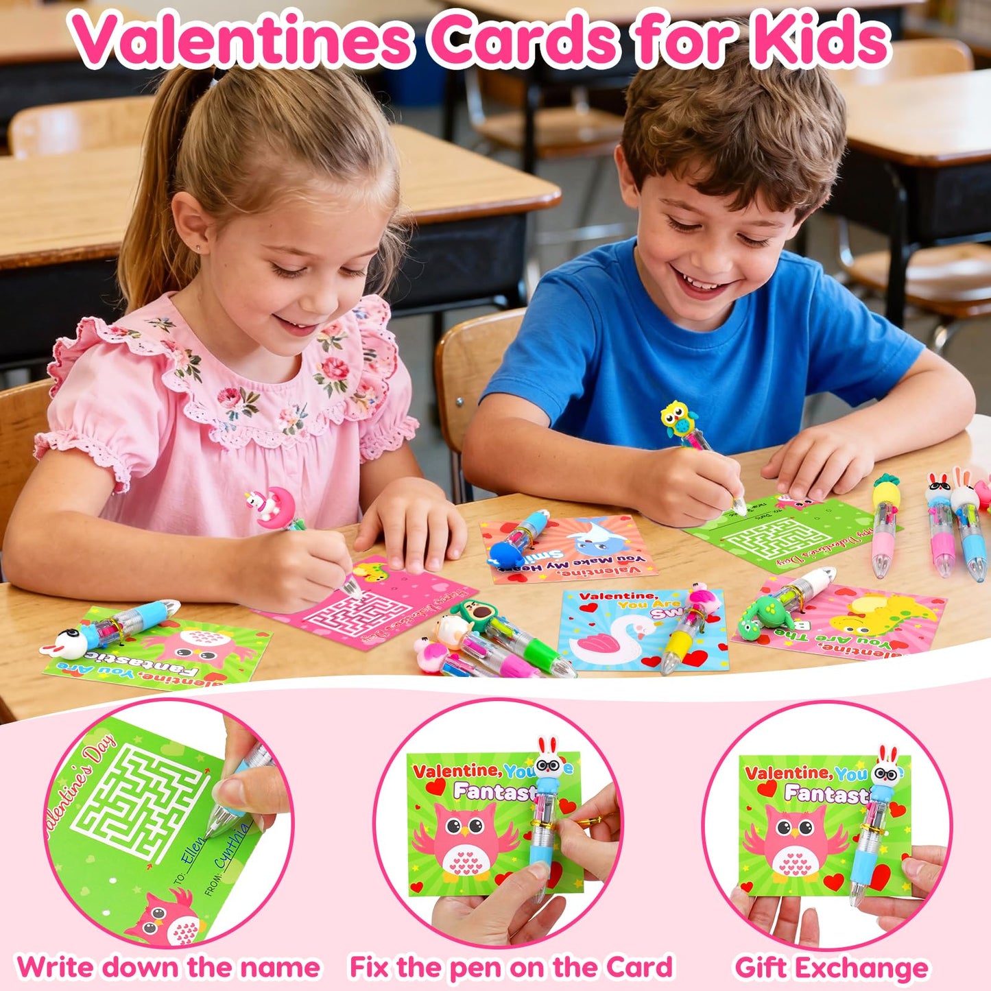 Basytodio Valentines Day Gifts for Kids – 24 Pack Multicolor Pens & 24 Cards for Classroom Exchange
