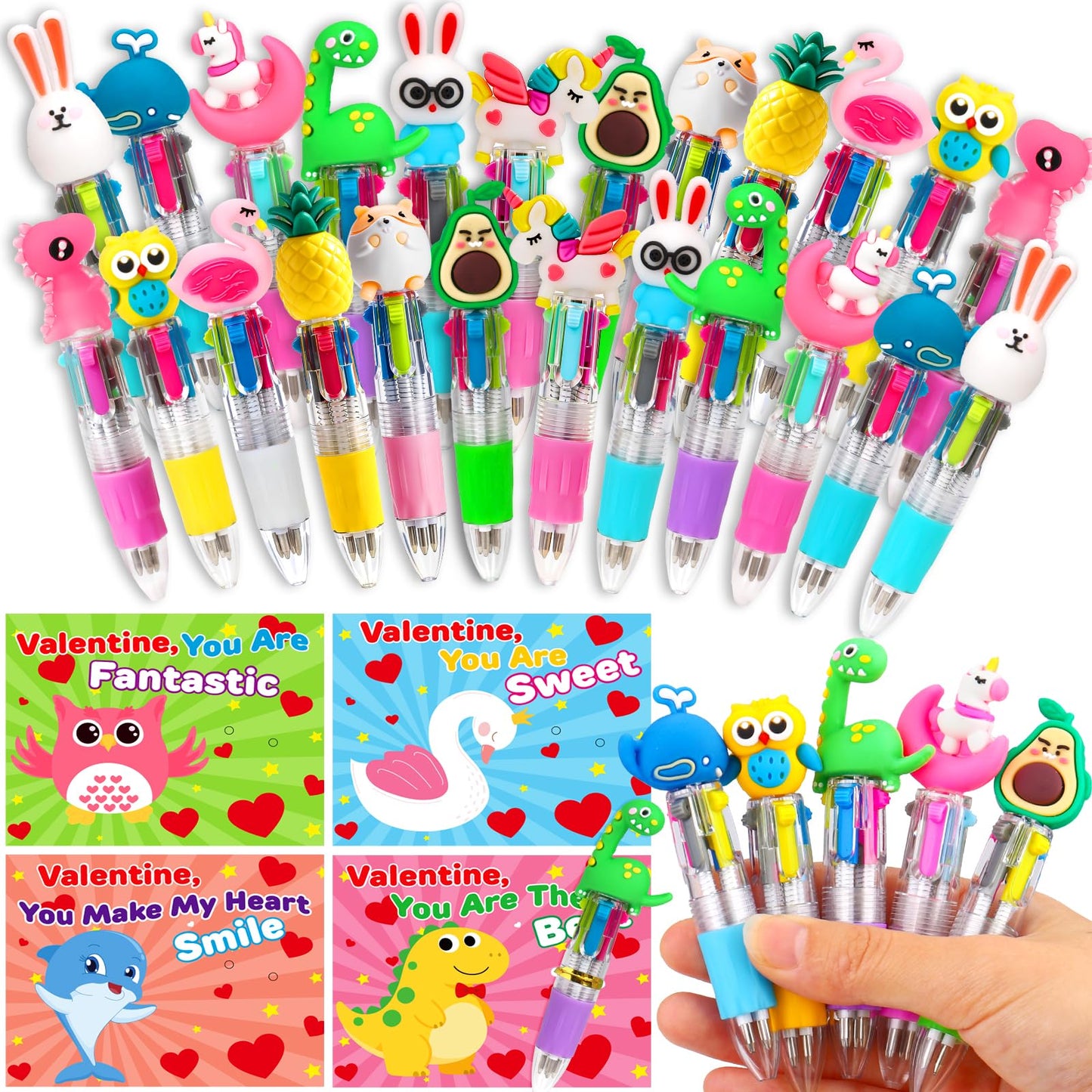 Basytodio Valentines Day Gifts for Kids – 24 Pack Multicolor Pens & 24 Cards for Classroom Exchange