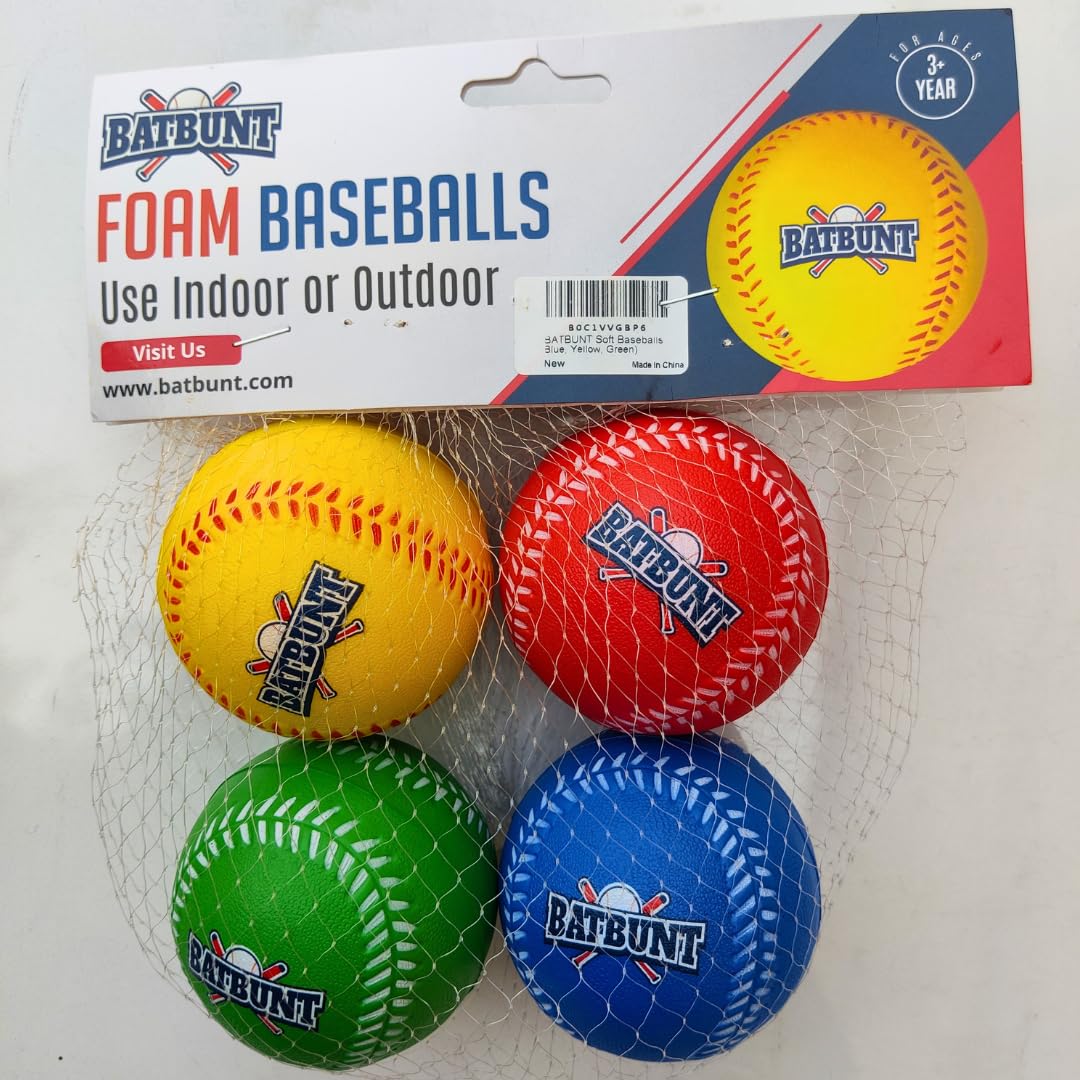 BATBUNT Foam Baseballs for Kids – 4-Pack Soft Training Balls (Red/Blue/Yellow/Green)