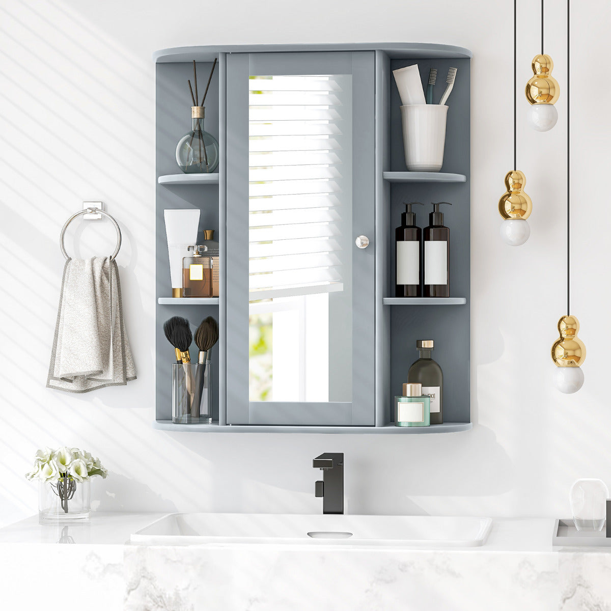 Bathroom Medicine Cabinet with Mirror with 3 Adjustable Shelves-Grey