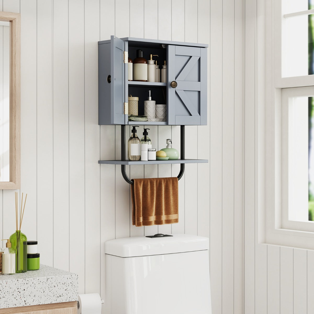 Bathroom Wall Cabinet with Double Door and Open Shelf and Towel Rack-Black