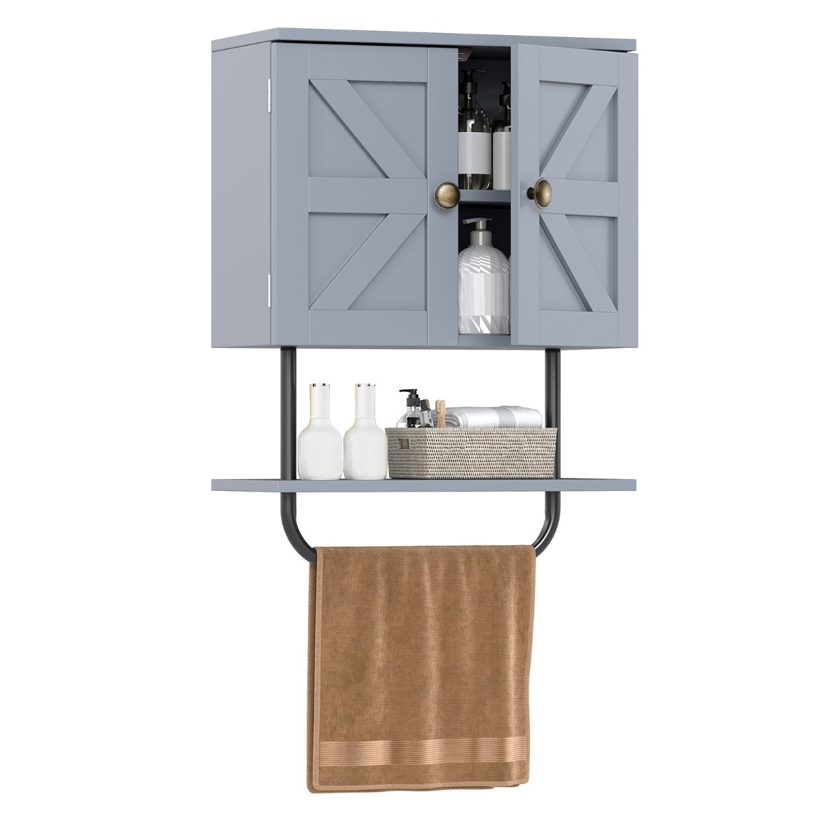 Bathroom Wall Cabinet with Double Door and Open Shelf and Towel Rack-Black