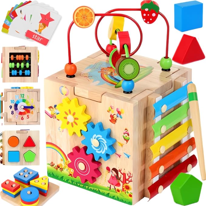 Batlofty 8-in-1 Wooden Baby Activity Cube – Montessori Toy for Toddlers 1-3