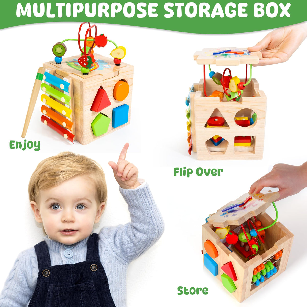 Batlofty 8-in-1 Wooden Baby Activity Cube – Montessori Toy for Toddlers 1-3