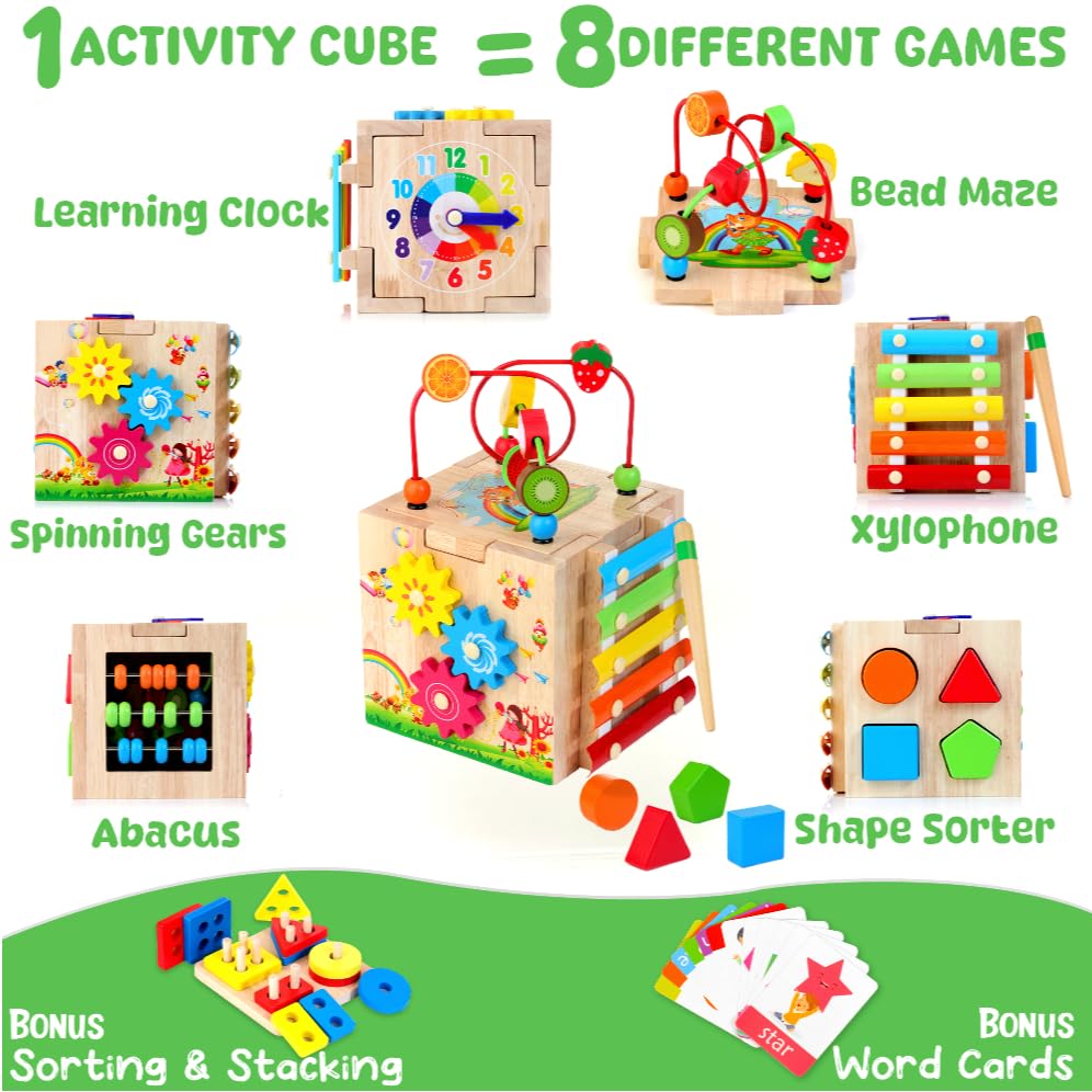 Batlofty 8-in-1 Wooden Baby Activity Cube – Montessori Toy for Toddlers 1-3