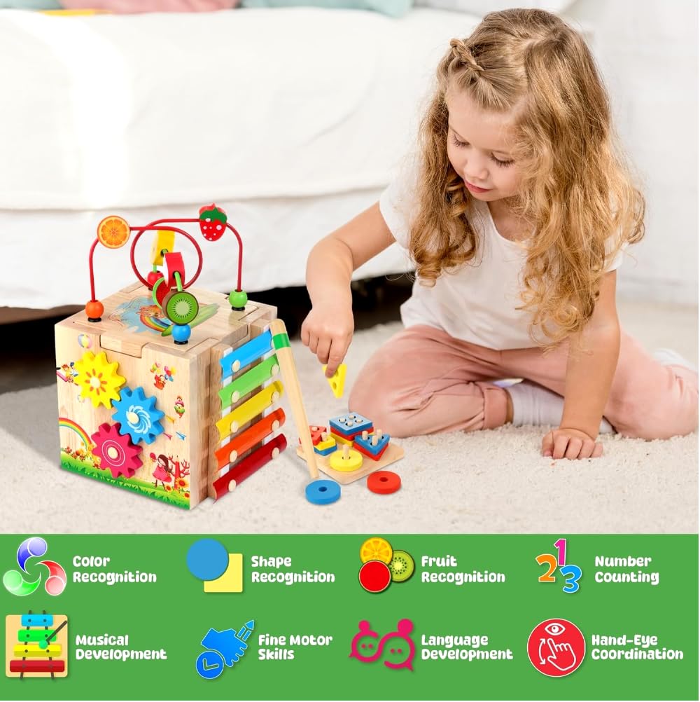 Batlofty 8-in-1 Wooden Baby Activity Cube – Montessori Toy for Toddlers 1-3
