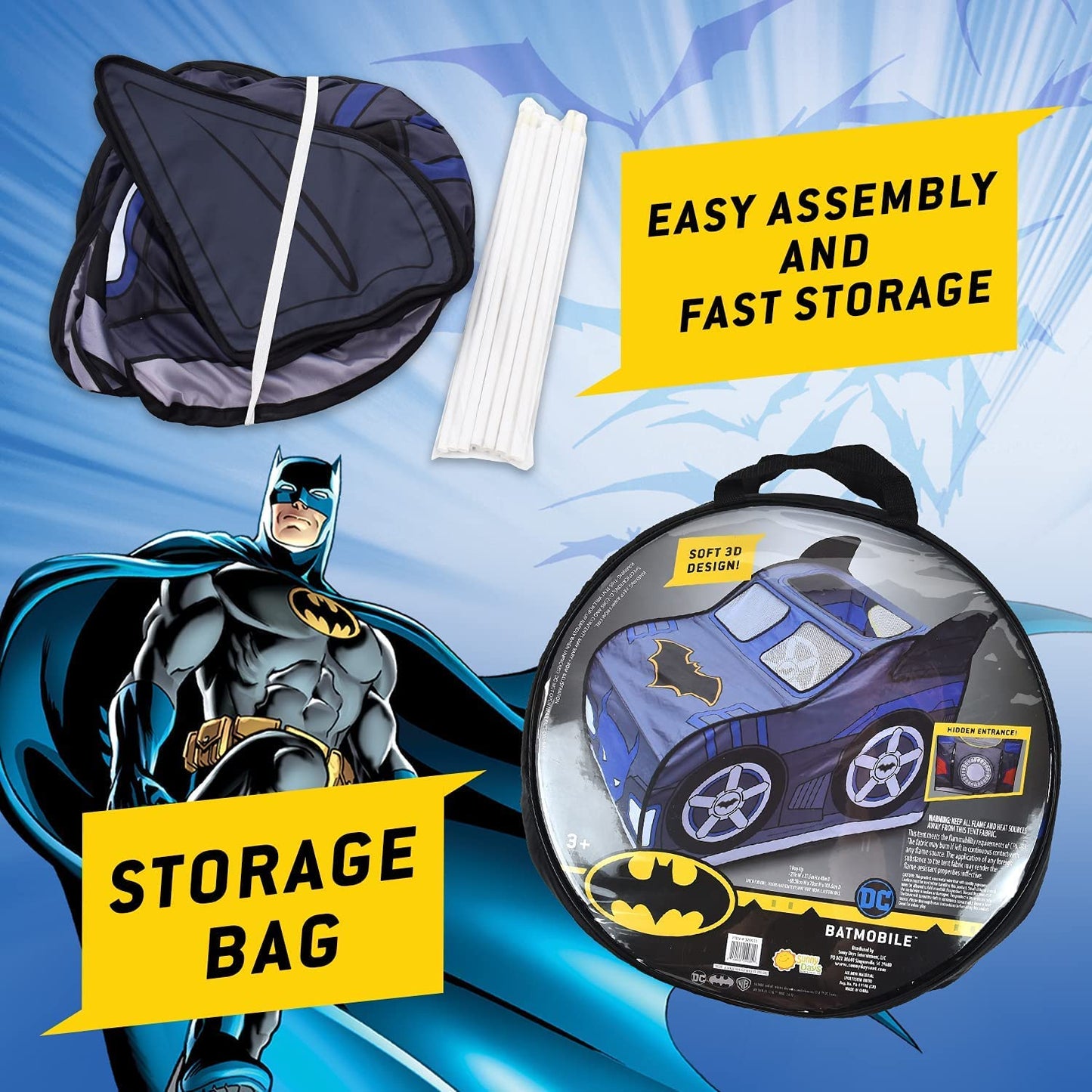 Batman Batmobile Pop Up Tent – Large Indoor Playhouse for Kids | Easy Fold & Carry Bag | Sunny Days Entertainment