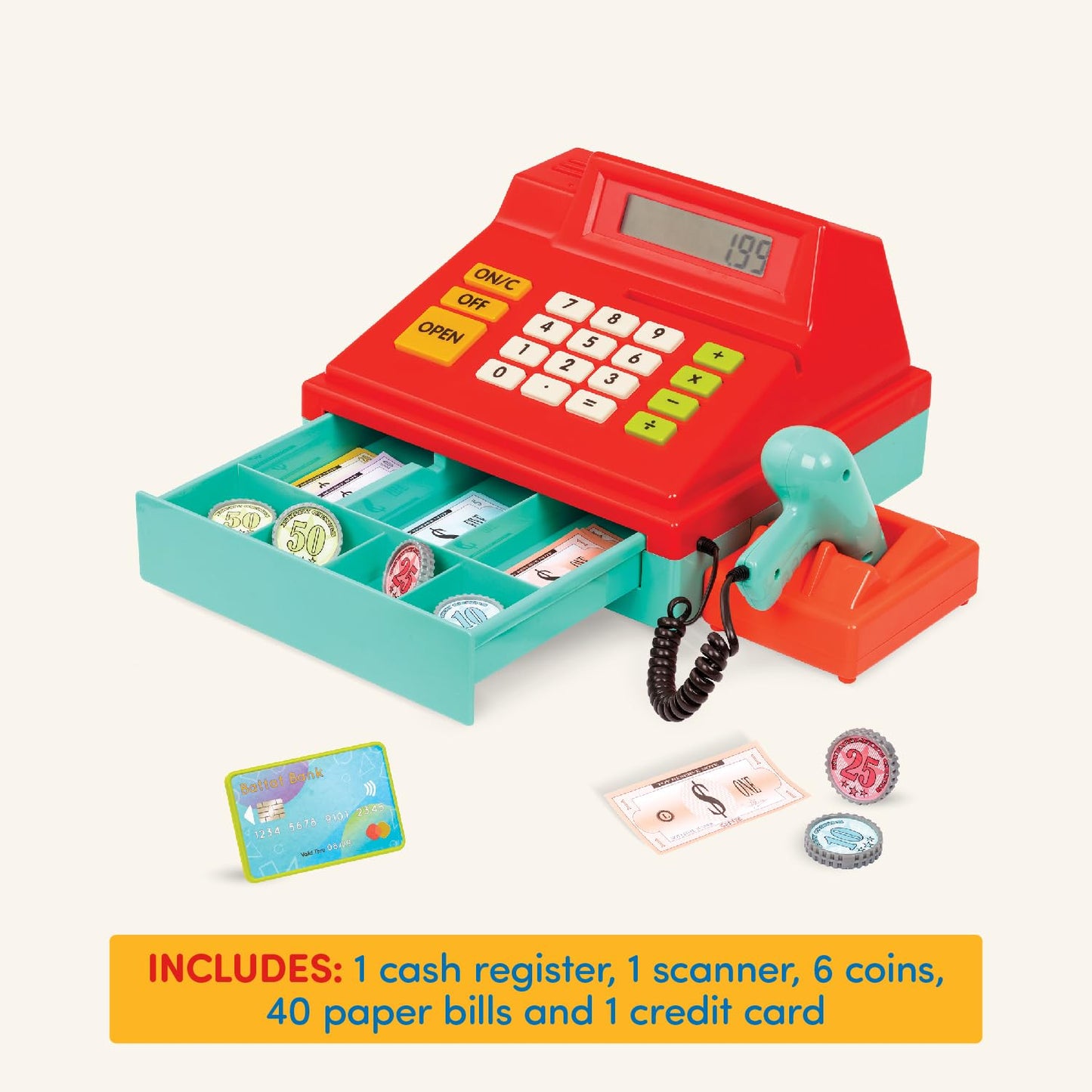 Battat Cash Register with Scanner — Realistic Pretend Play, Beep, Coins & Cards