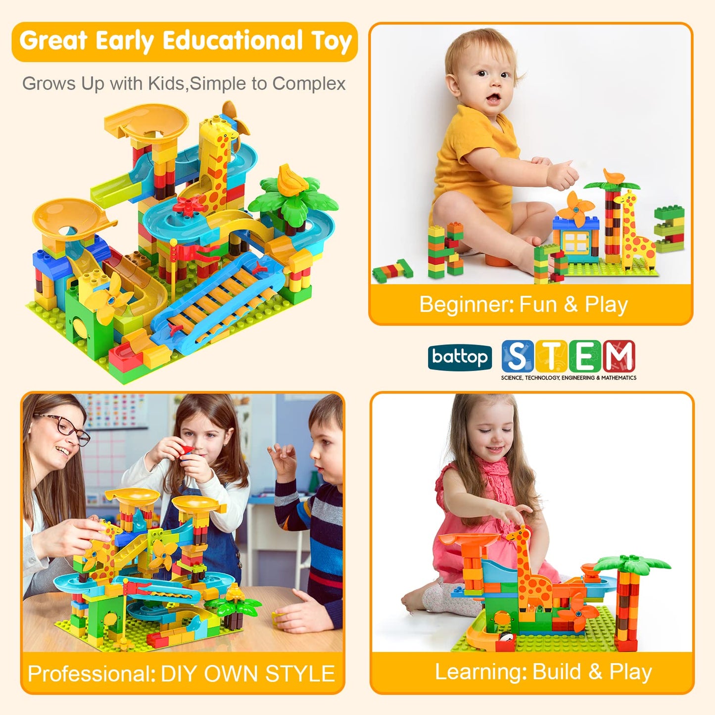 BATTOP Marble Run — 167-Piece Big Size Blocks for Kids 4-8 | STEM Marble Race Track