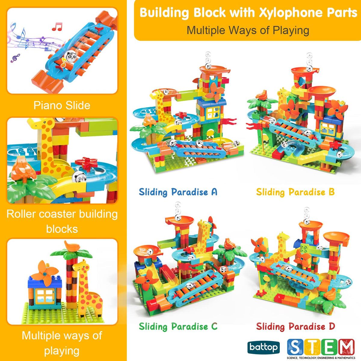 BATTOP Marble Run — 167-Piece Big Size Blocks for Kids 4-8 | STEM Marble Race Track