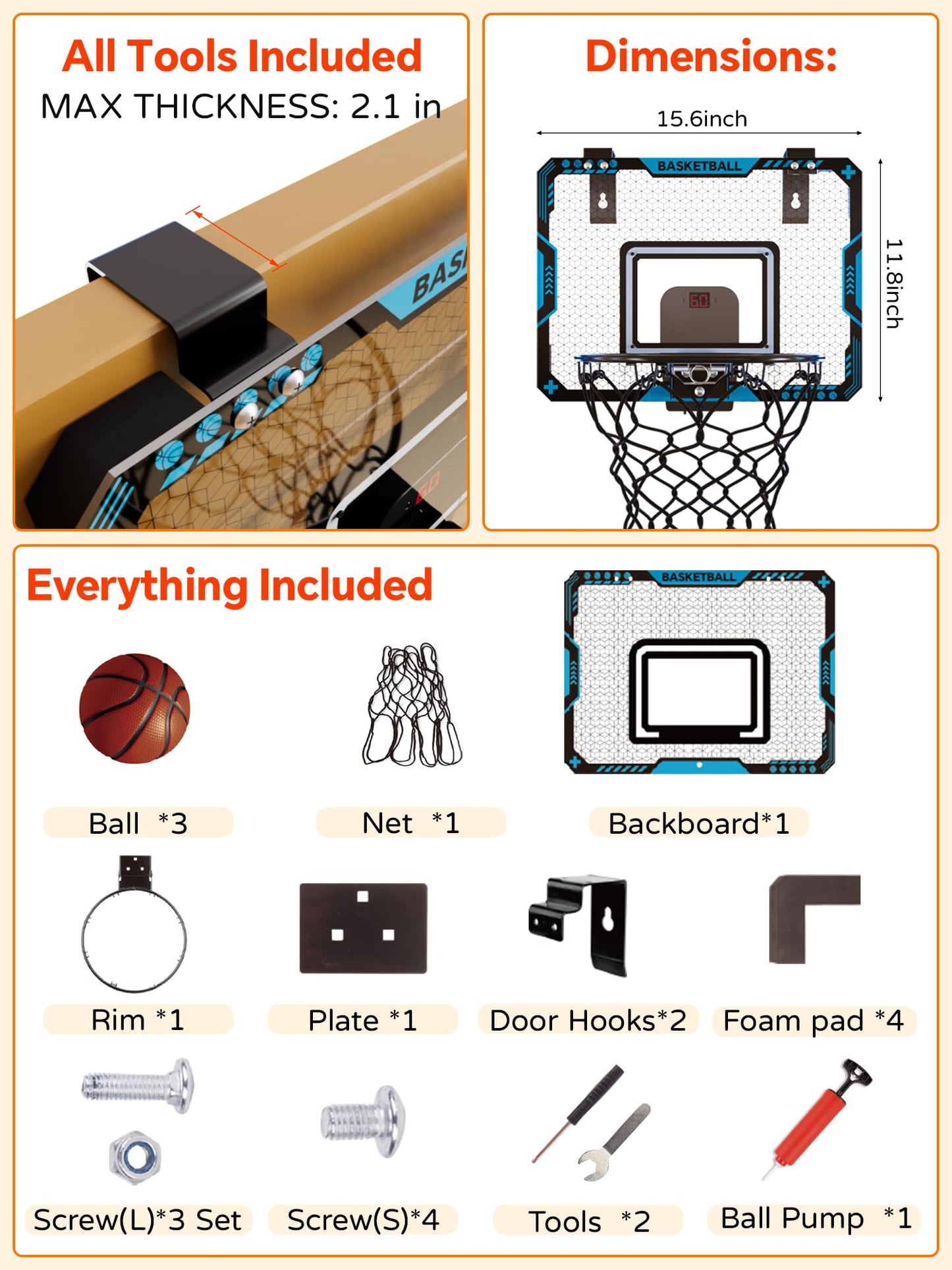 BATURU Over The Door Basketball Hoop for Kids – Indoor Toy with LED Scoreboard, Lights & Sound