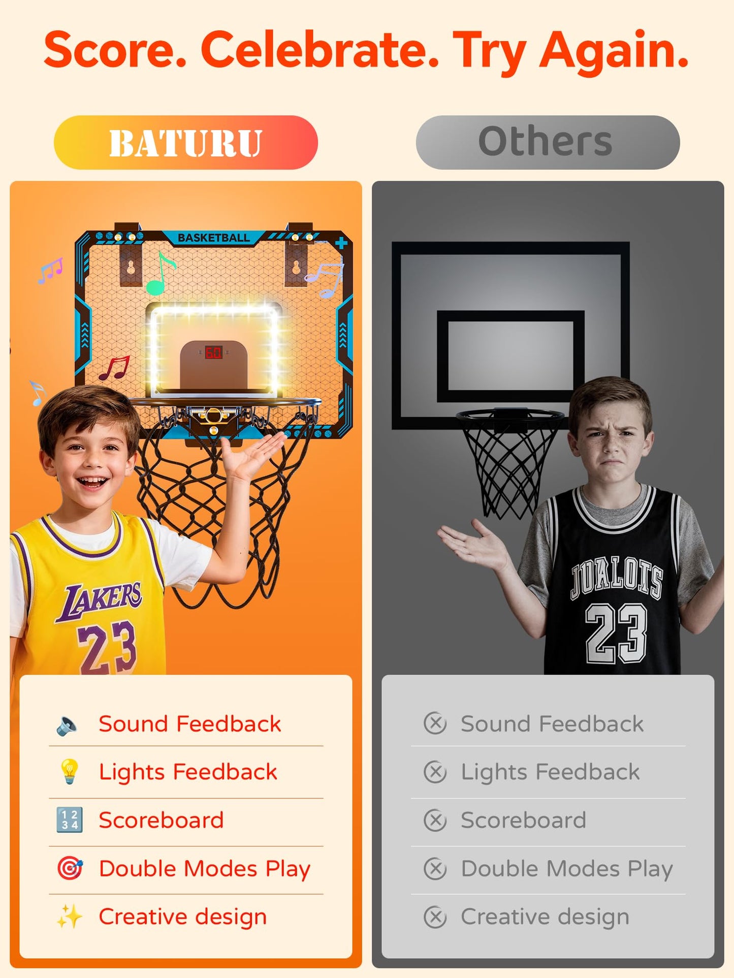 BATURU Over The Door Basketball Hoop for Kids – Indoor Toy with LED Scoreboard, Lights & Sound