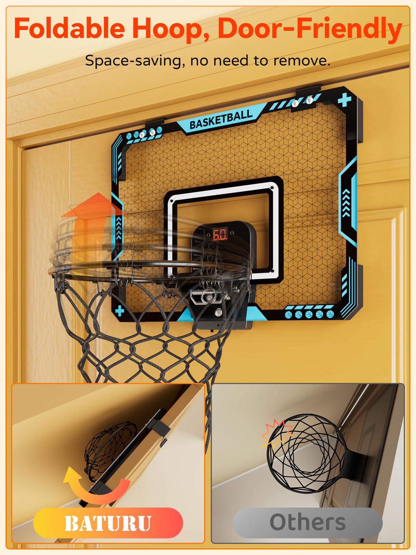 BATURU Over The Door Basketball Hoop for Kids – Indoor Toy with LED Scoreboard, Lights & Sound