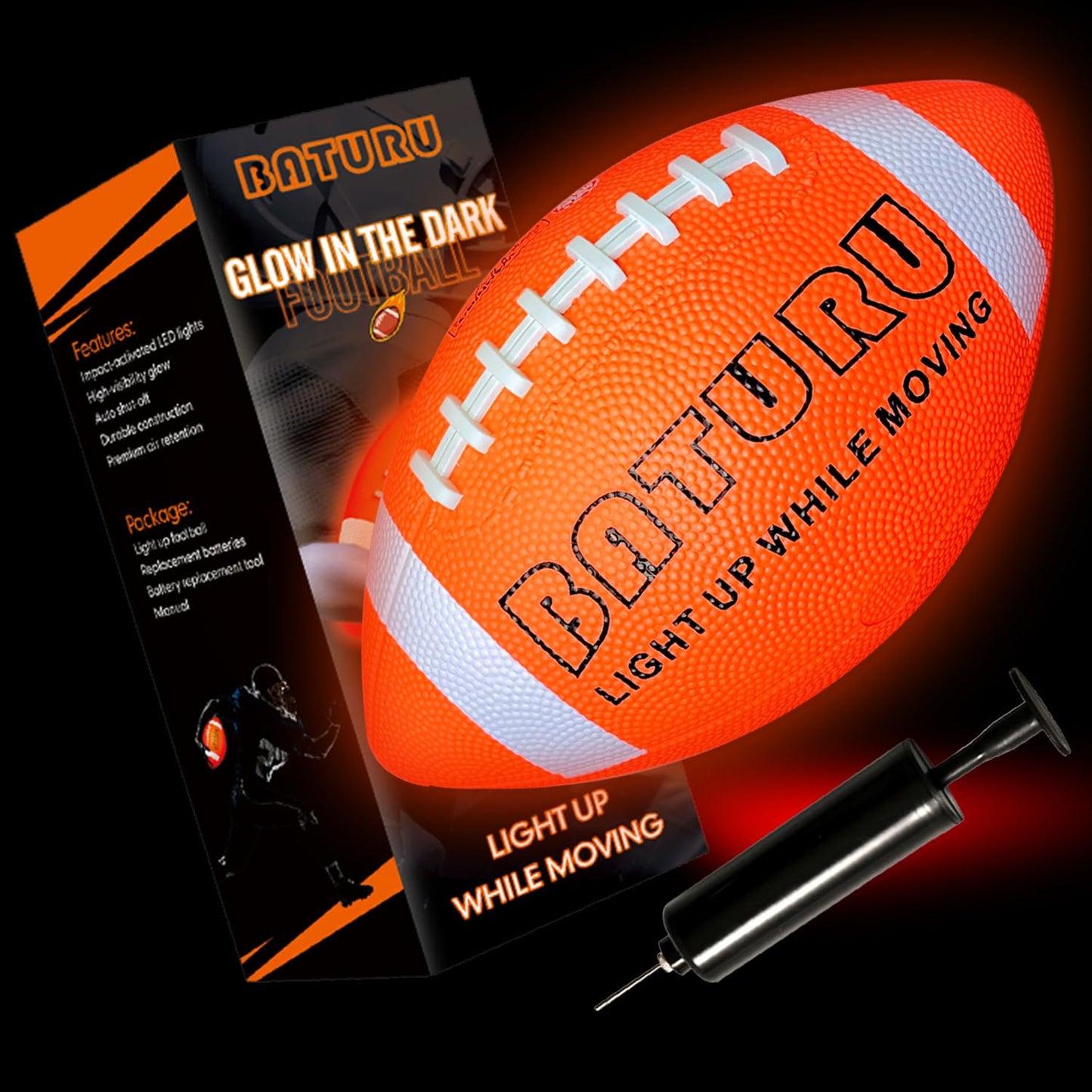 BATURU Glow in the Dark Football – Light Up NO.6 for Kids & Teens | Outdoor Night Play (Orange & White)