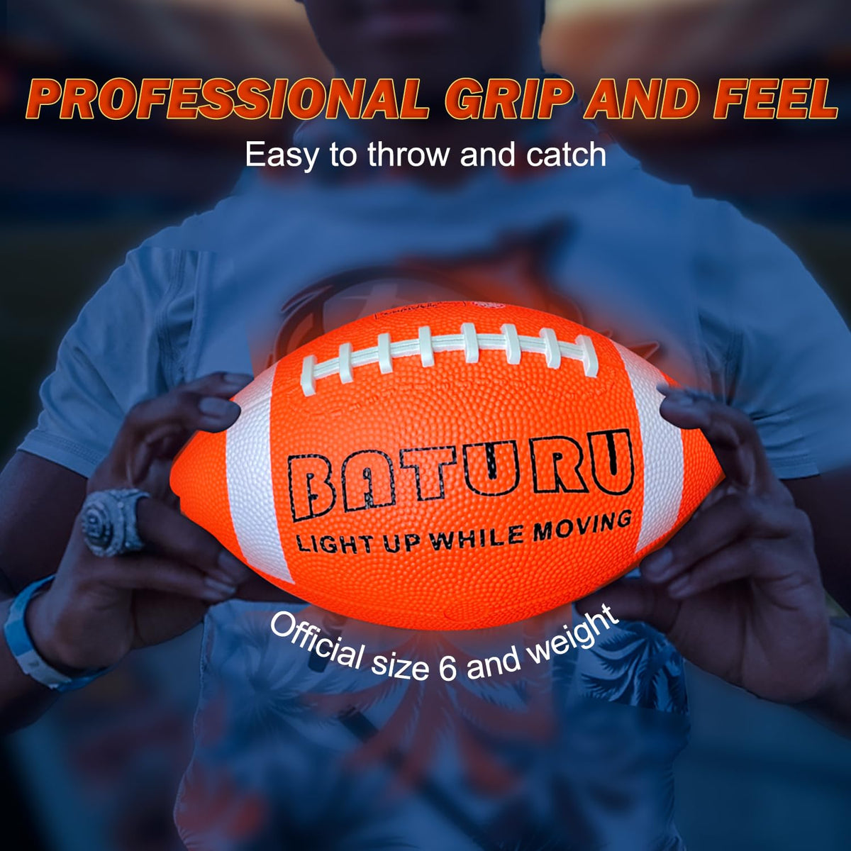 BATURU Glow in the Dark Football – Light Up NO.6 for Kids & Teens | Outdoor Night Play (Orange & White)