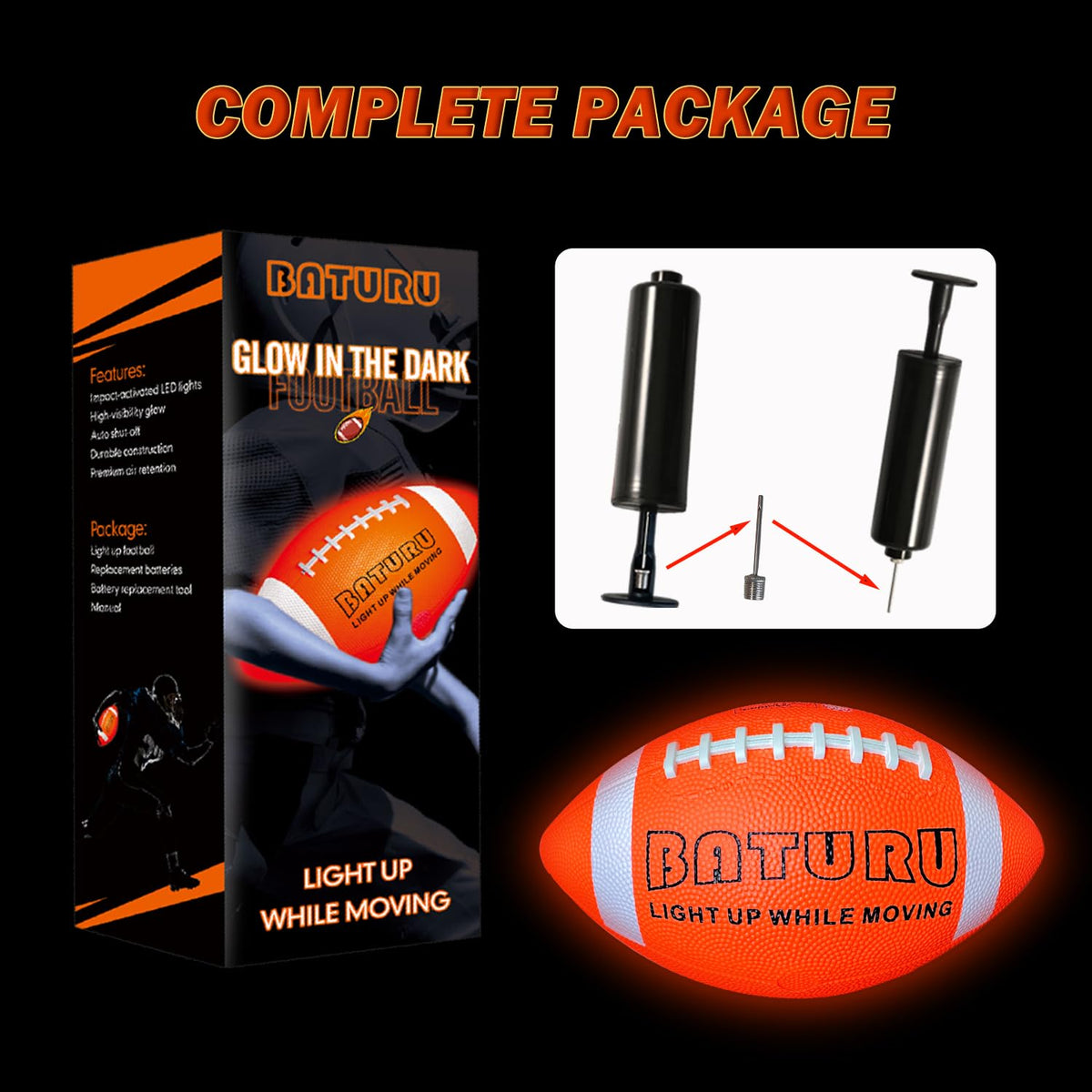BATURU Glow in the Dark Football – Light Up NO.6 for Kids & Teens | Outdoor Night Play (Orange & White)