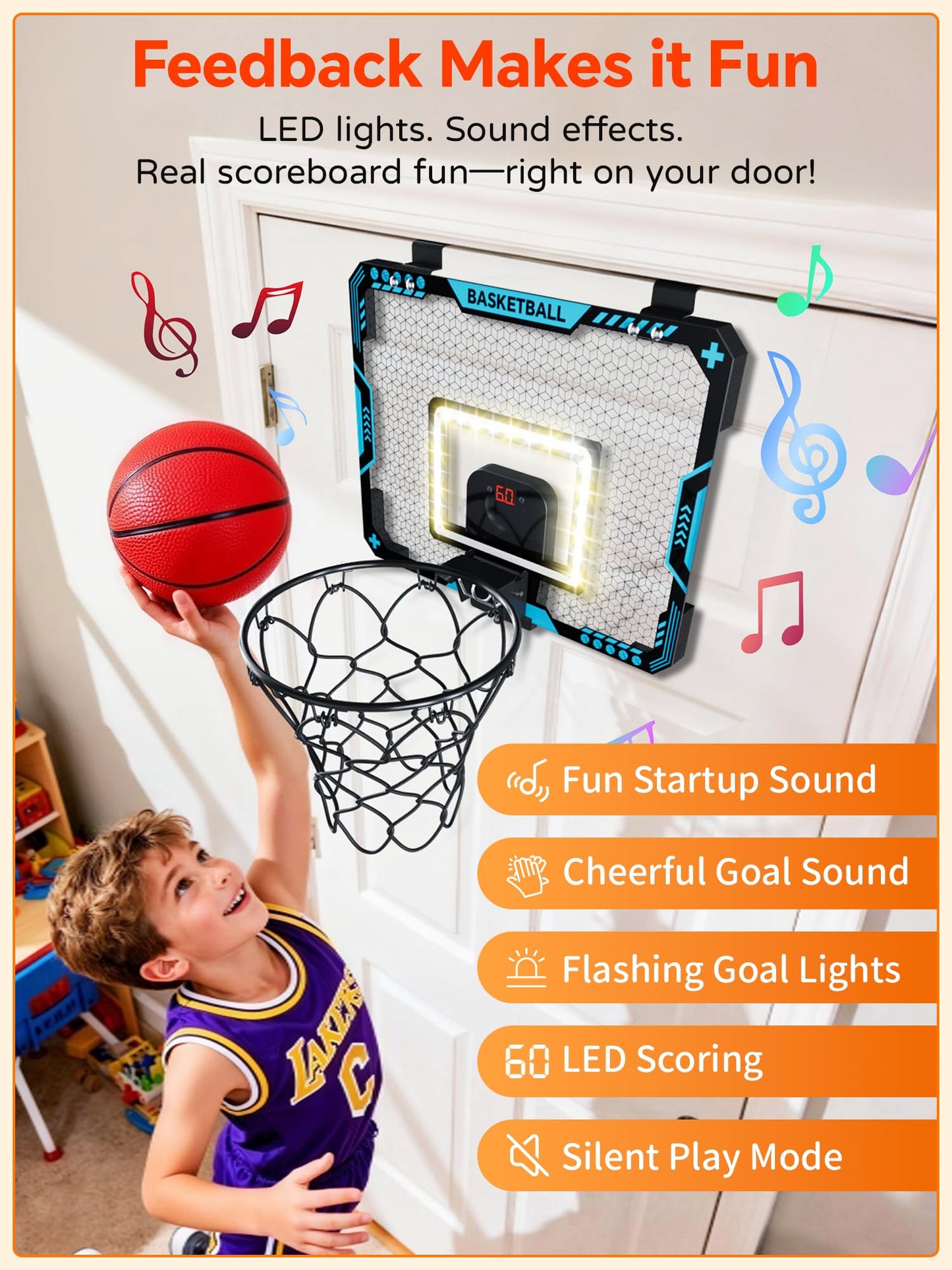 BATURU Over The Door Basketball Hoop for Kids – Indoor Toy with LED Scoreboard, Lights & Sound