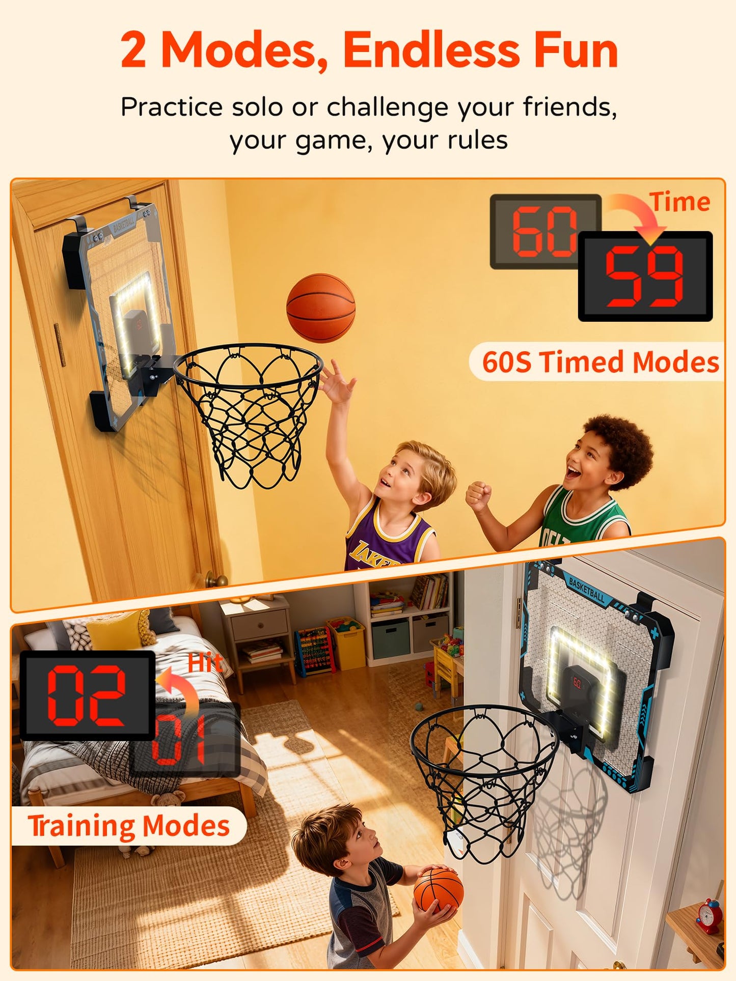 BATURU Over The Door Basketball Hoop for Kids – Indoor Toy with LED Scoreboard, Lights & Sound