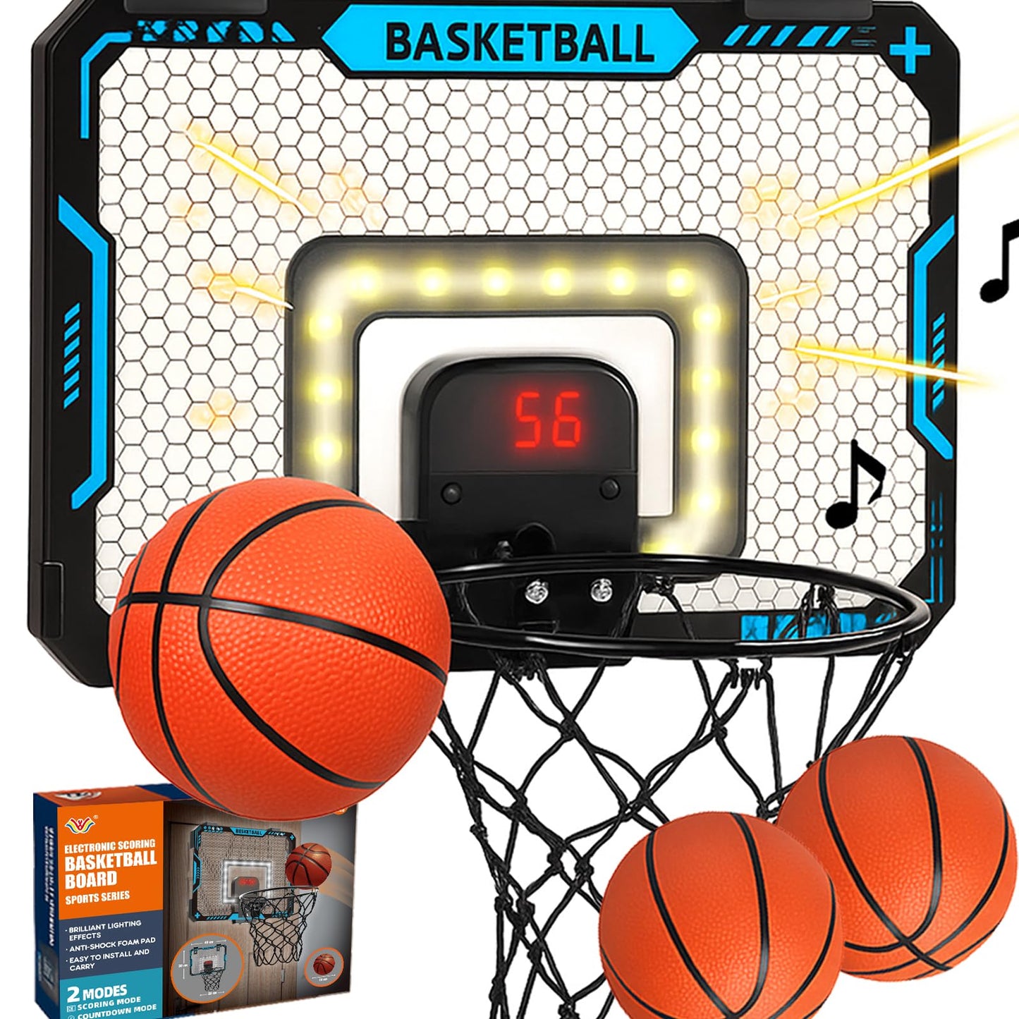 BATURU Over The Door Basketball Hoop for Kids – Indoor Toy with LED Scoreboard, Lights & Sound