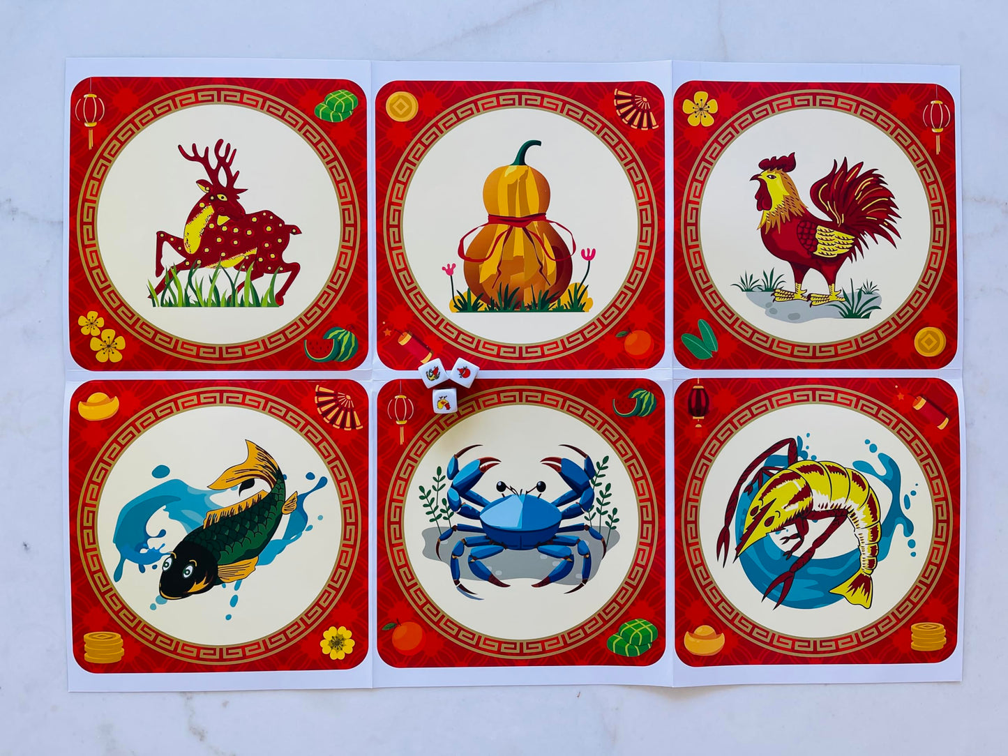 Gourd Crab Shrimp Fish Game | Bau Cua Ca Cop Dice Set & Premium Mat for Family Fun