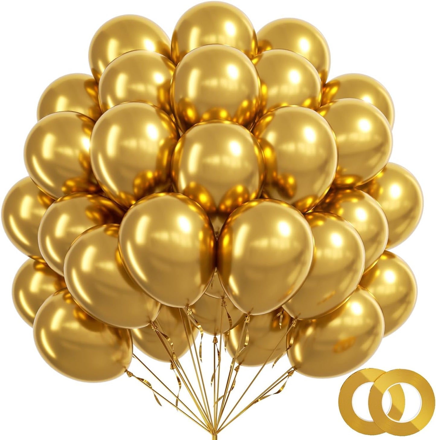 BAUANOOY 100pcs Metallic Gold Balloons 12 Inch | Chrome Gold Balloons with Ribbon for Parties