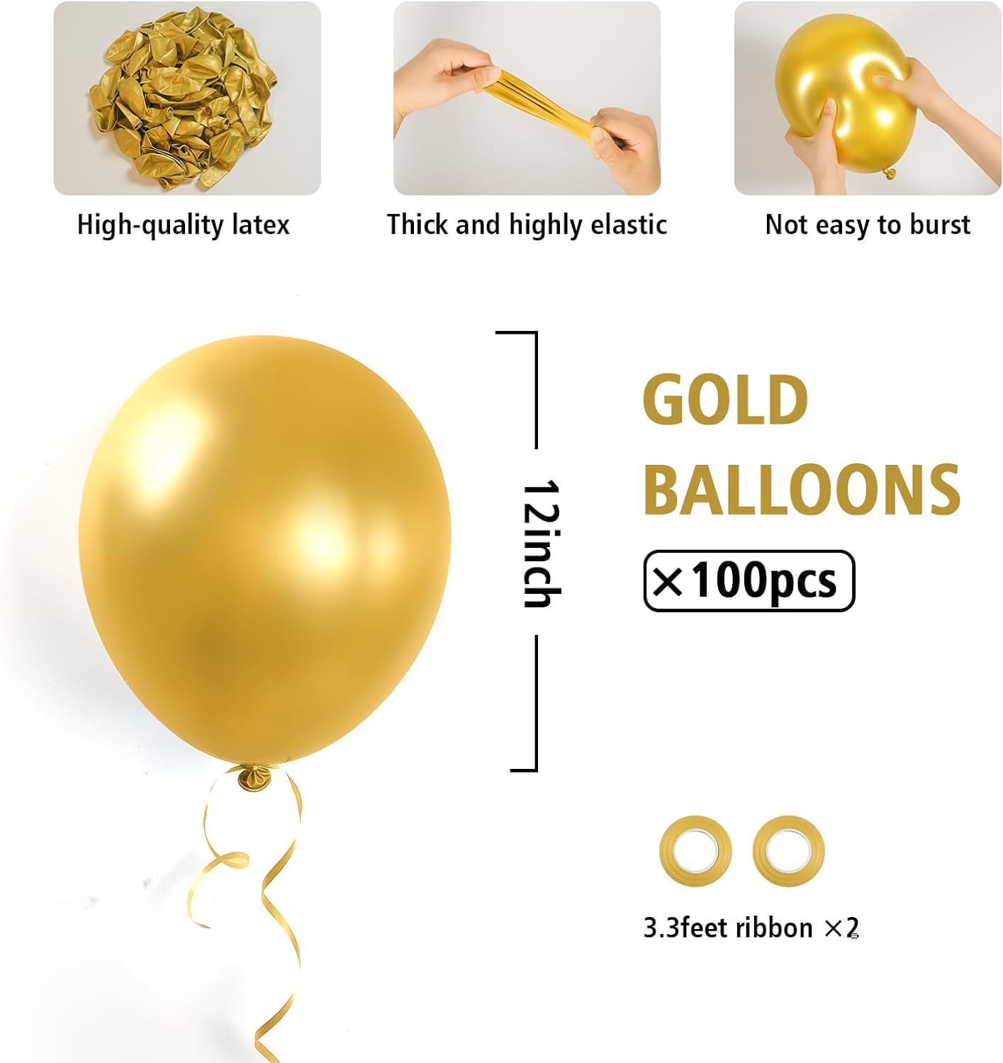 BAUANOOY 100pcs Metallic Gold Balloons 12 Inch | Chrome Gold Balloons with Ribbon for Parties
