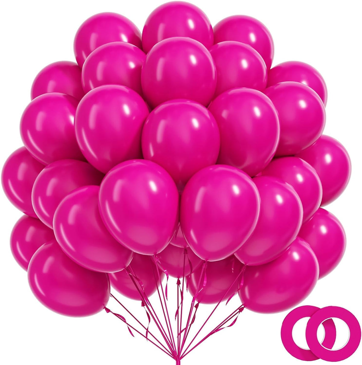 BAUANOOY 100pcs Hot Pink Balloons – 12" Latex with Pink Ribbon for Birthday & Wedding Decor