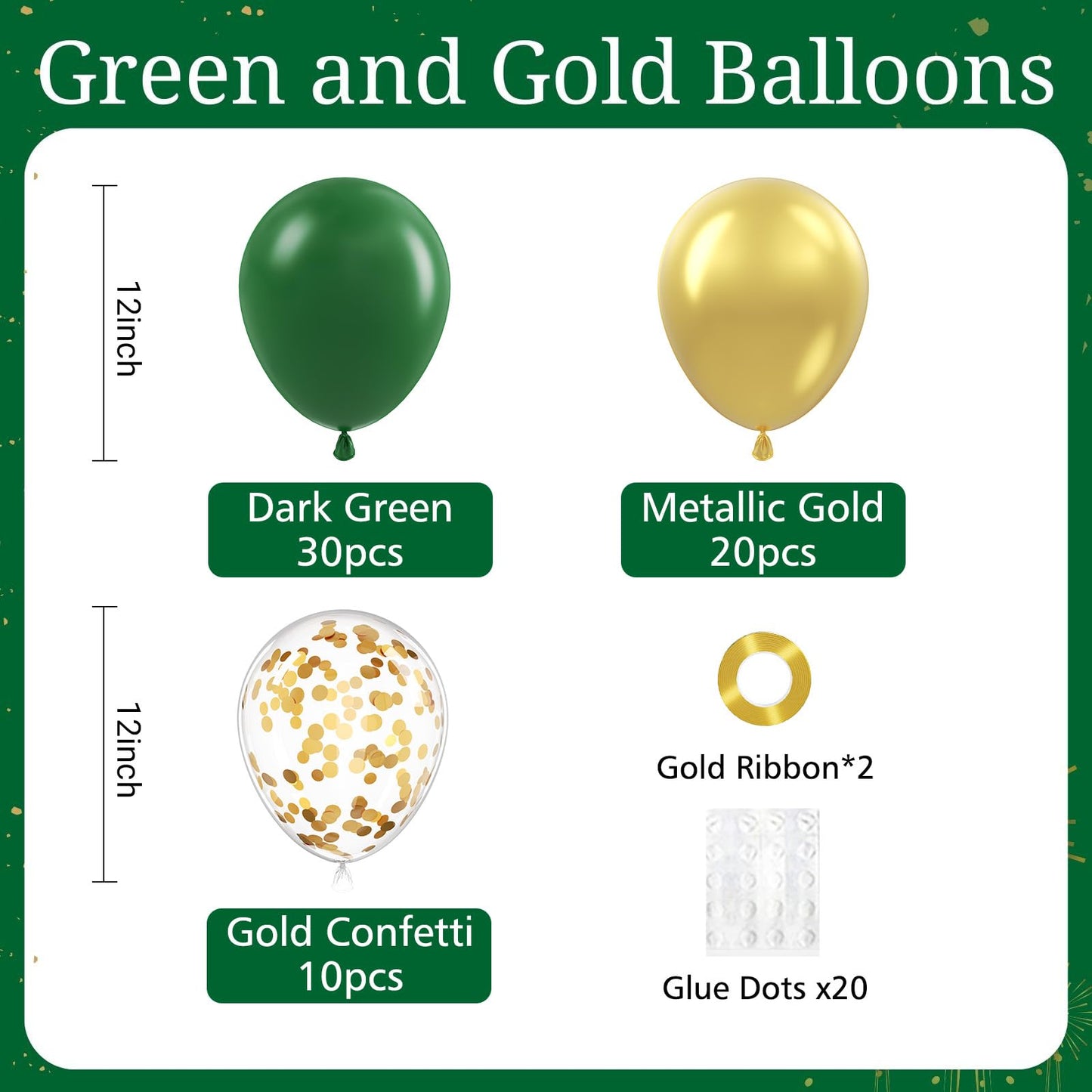 BAUANOOY Green & Gold Balloons 60pc 12in – Latex Party Kit for Weddings & Celebrations