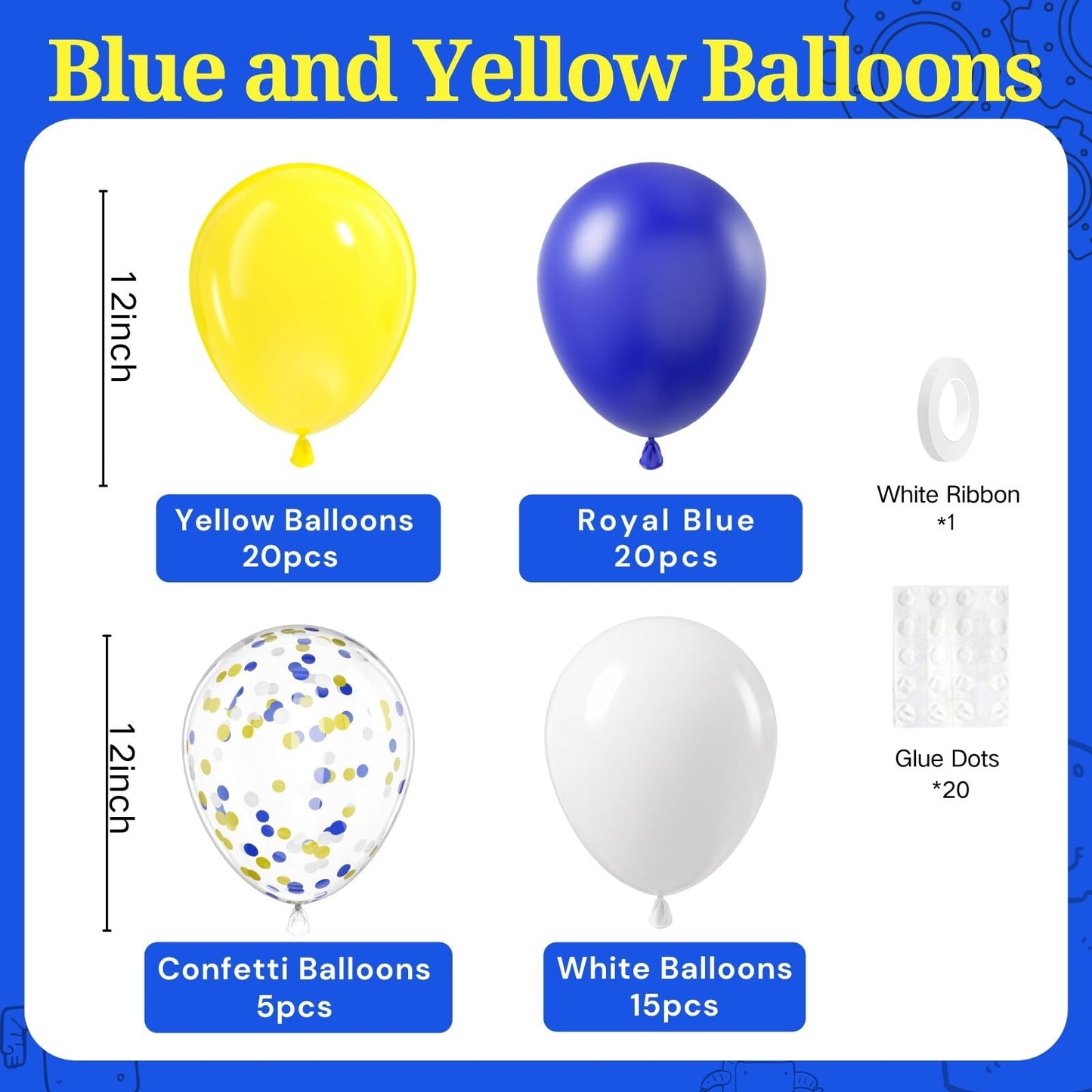 BAUANOOY Blue & Yellow Balloons - 60pcs 12-Inch Royal Blue, Yellow & White with Confetti