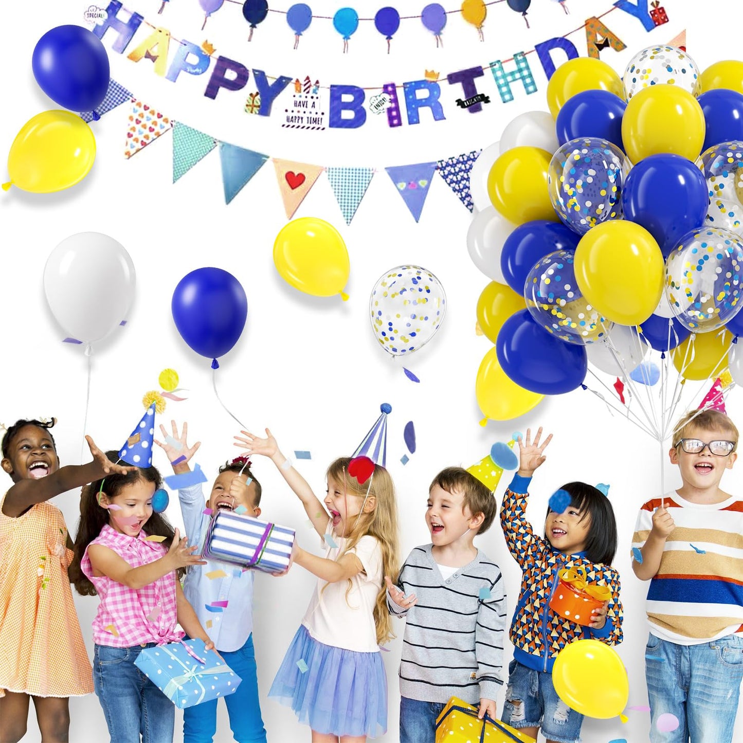 BAUANOOY Blue & Yellow Balloons - 60pcs 12-Inch Royal Blue, Yellow & White with Confetti