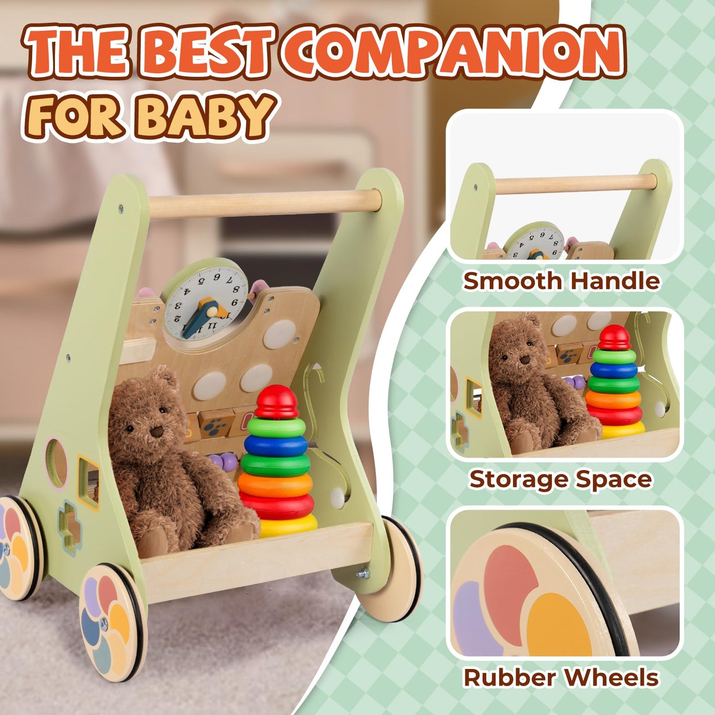 BAUTIA Wooden Baby Walker for 12 Months – Montessori Push Toy for Toddlers