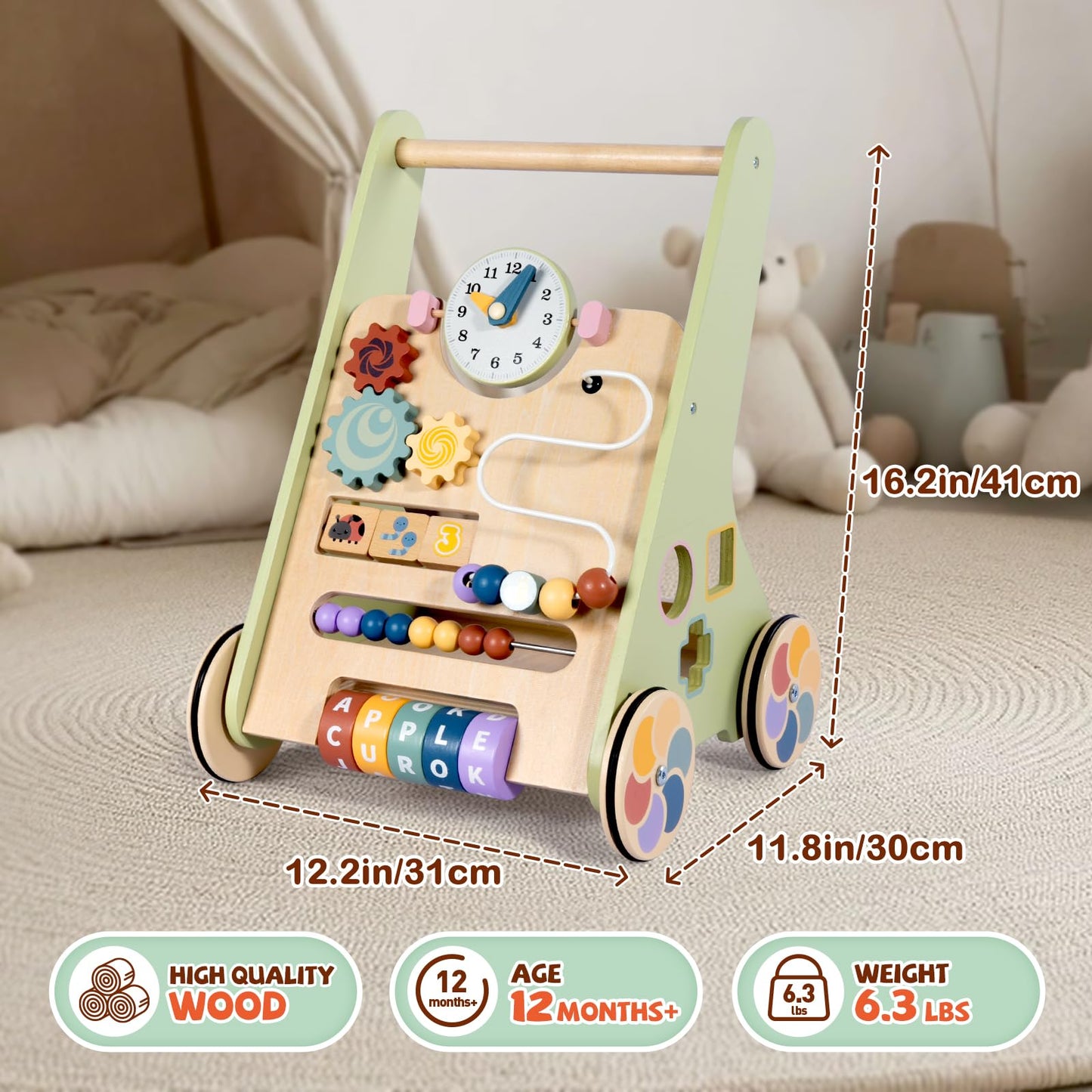 BAUTIA Wooden Baby Walker for 12 Months – Montessori Push Toy for Toddlers