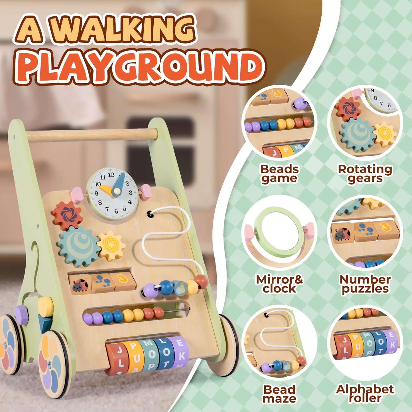 BAUTIA Wooden Baby Walker for 12 Months – Montessori Push Toy for Toddlers