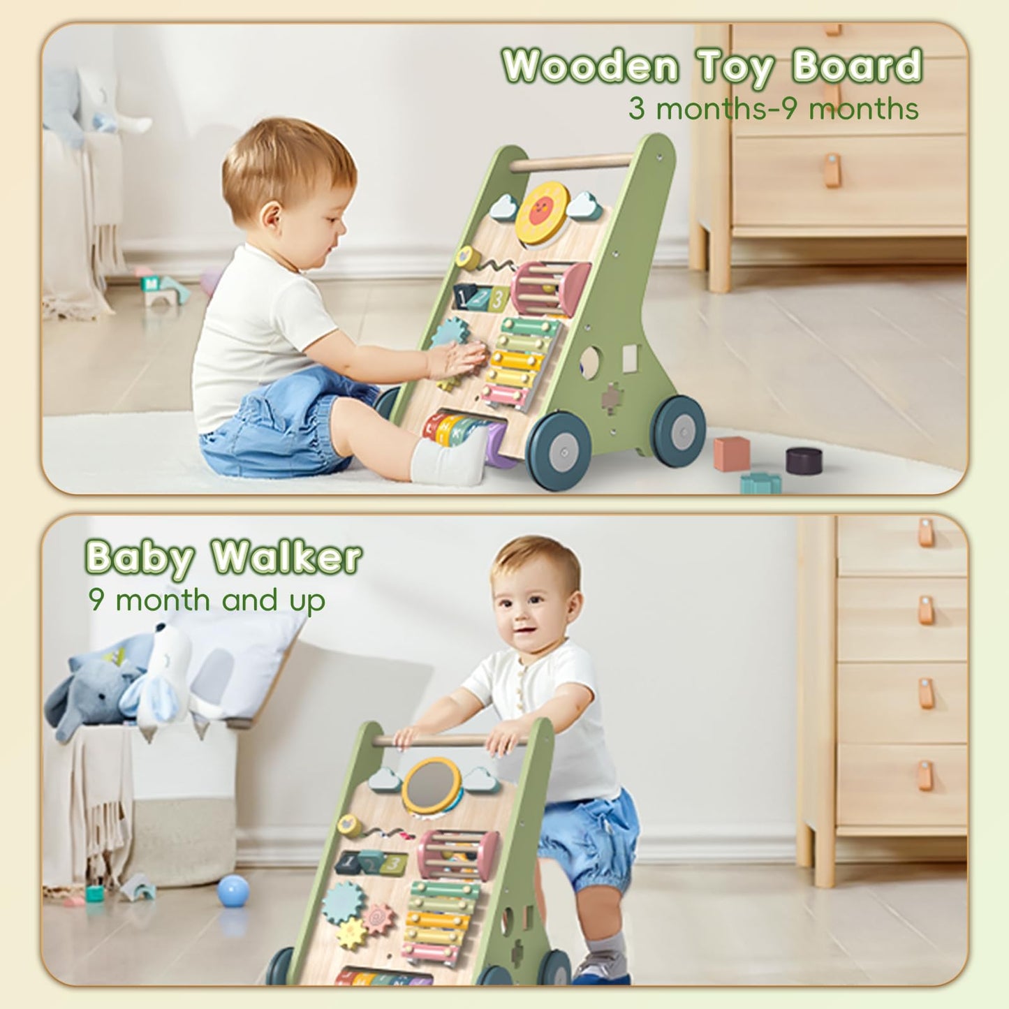 Bautia Wooden Baby Walker – Montessori Push Toy for First Steps
