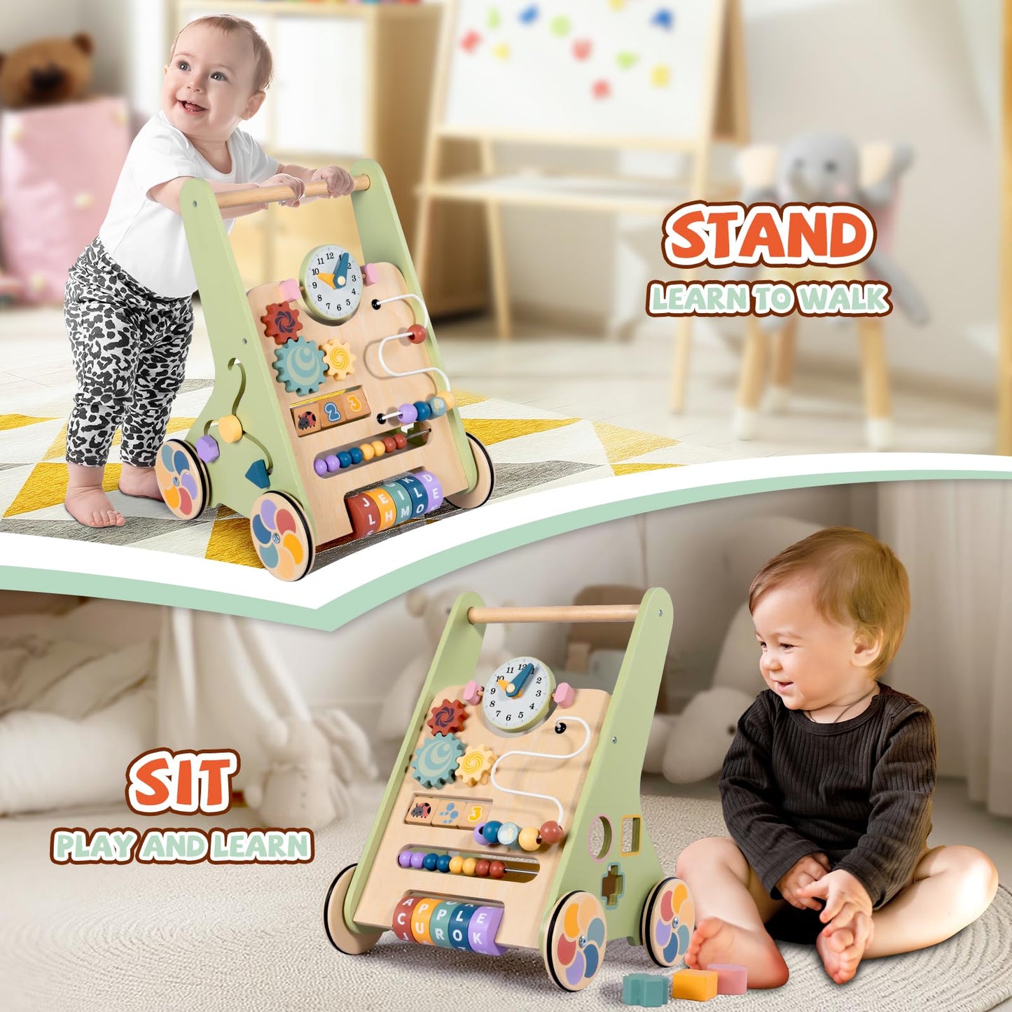 BAUTIA Wooden Baby Walker for 12 Months – Montessori Push Toy for Toddlers