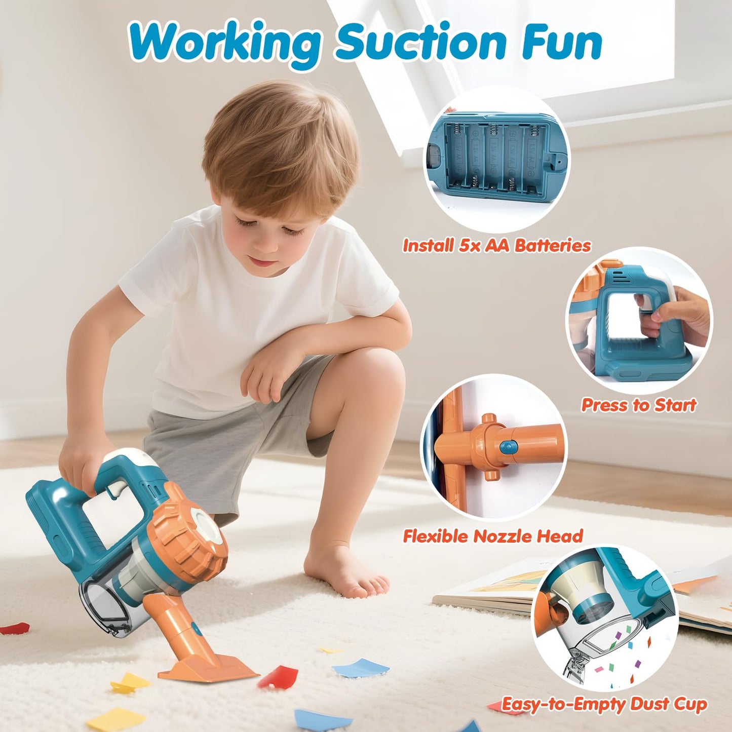 BAYMI 3-in-1 Kids Vacuum with Real Suction – Montessori Pretend Play Toy