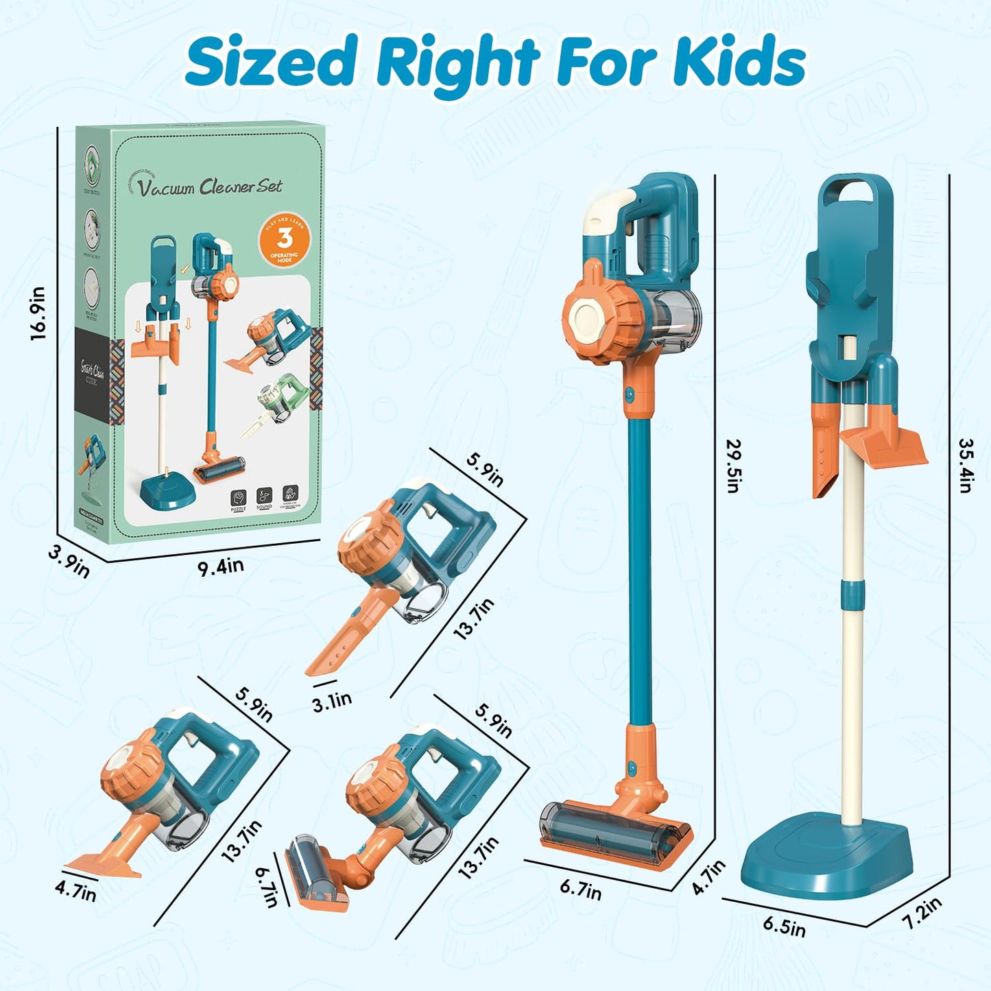 BAYMI 3-in-1 Kids Vacuum with Real Suction – Montessori Pretend Play Toy