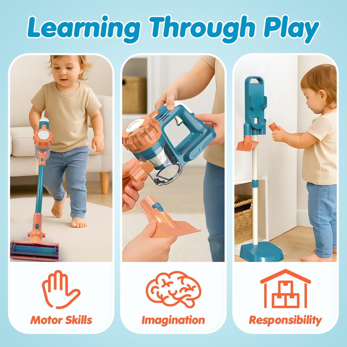 BAYMI 3-in-1 Kids Vacuum with Real Suction – Montessori Pretend Play Toy
