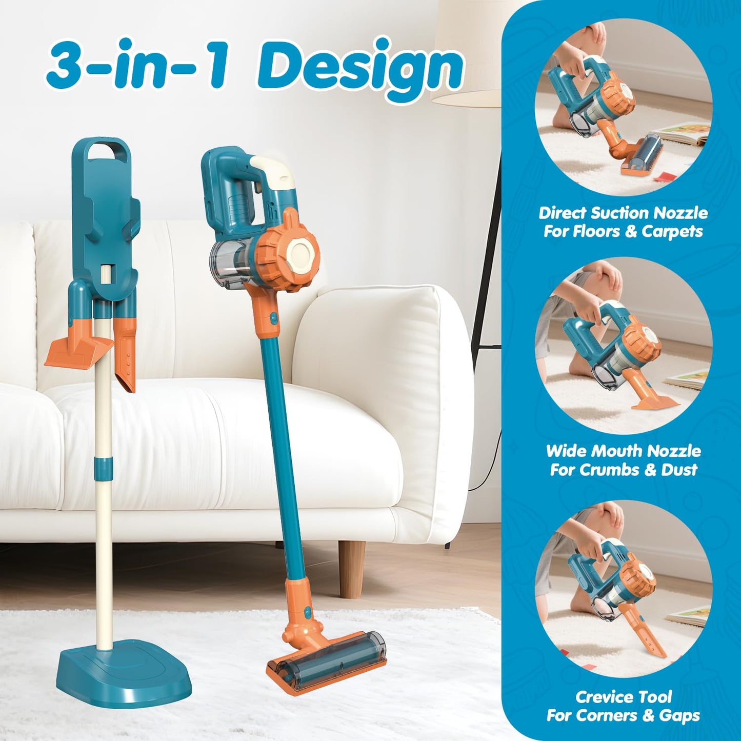 BAYMI 3-in-1 Kids Vacuum with Real Suction – Montessori Pretend Play Toy