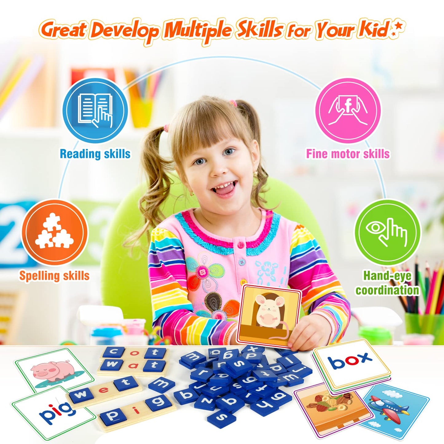 BAYSING Learning Toys for 3-5 Year Olds - 116-Pcs Short Vowel Letters & Double-Sided Flash Cards
