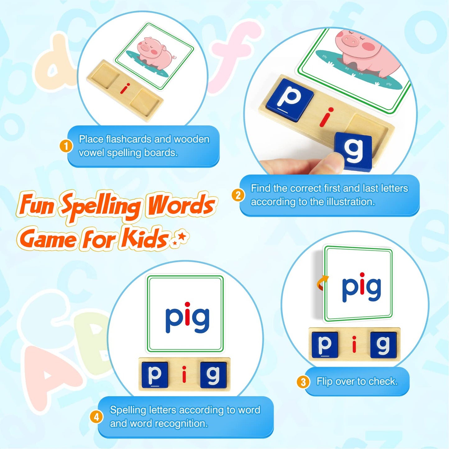 BAYSING Learning Toys for 3-5 Year Olds - 116-Pcs Short Vowel Letters & Double-Sided Flash Cards