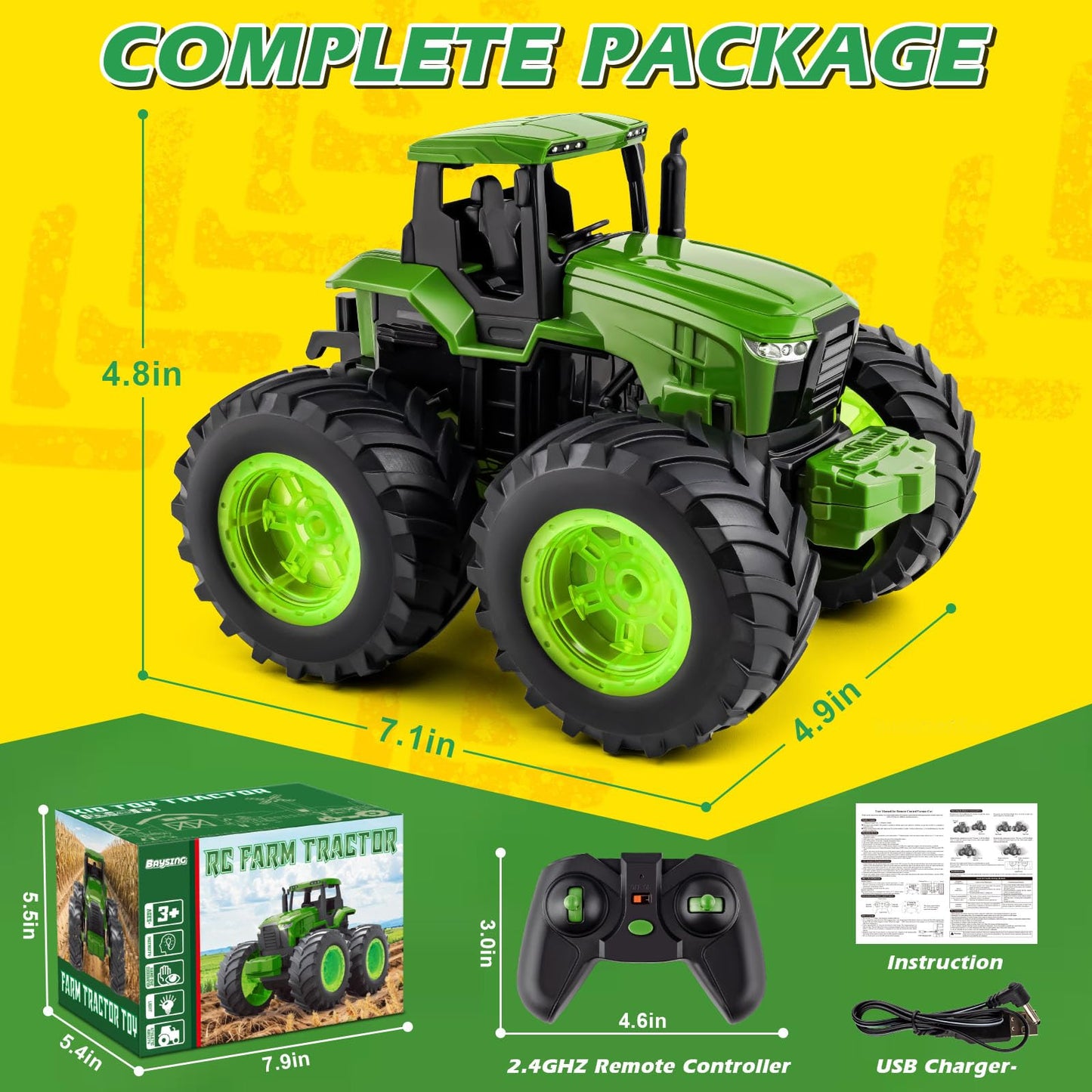 BAYSING Remote Control Tractor Toy for Kids 3-7 — Light-Up Monster Truck with 360° Rotation