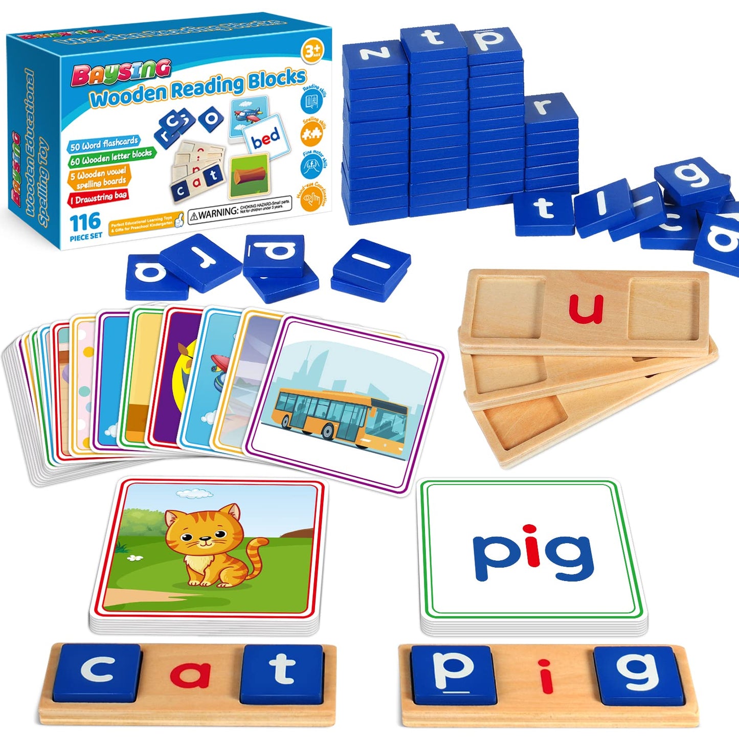 BAYSING Learning Toys for 3-5 Year Olds - 116-Pcs Short Vowel Letters & Double-Sided Flash Cards