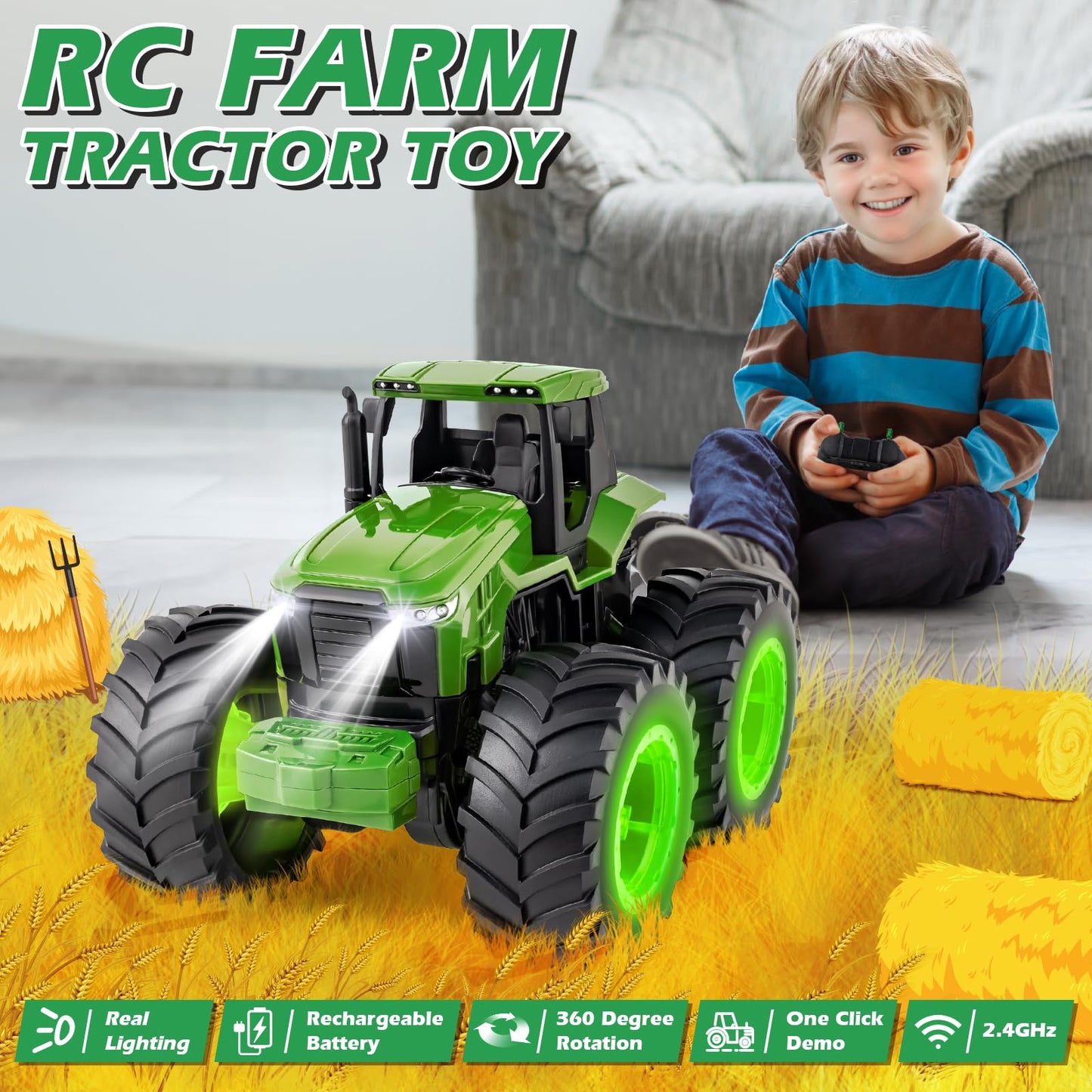 BAYSING Remote Control Tractor Toy for Kids 3-7 — Light-Up Monster Truck with 360° Rotation